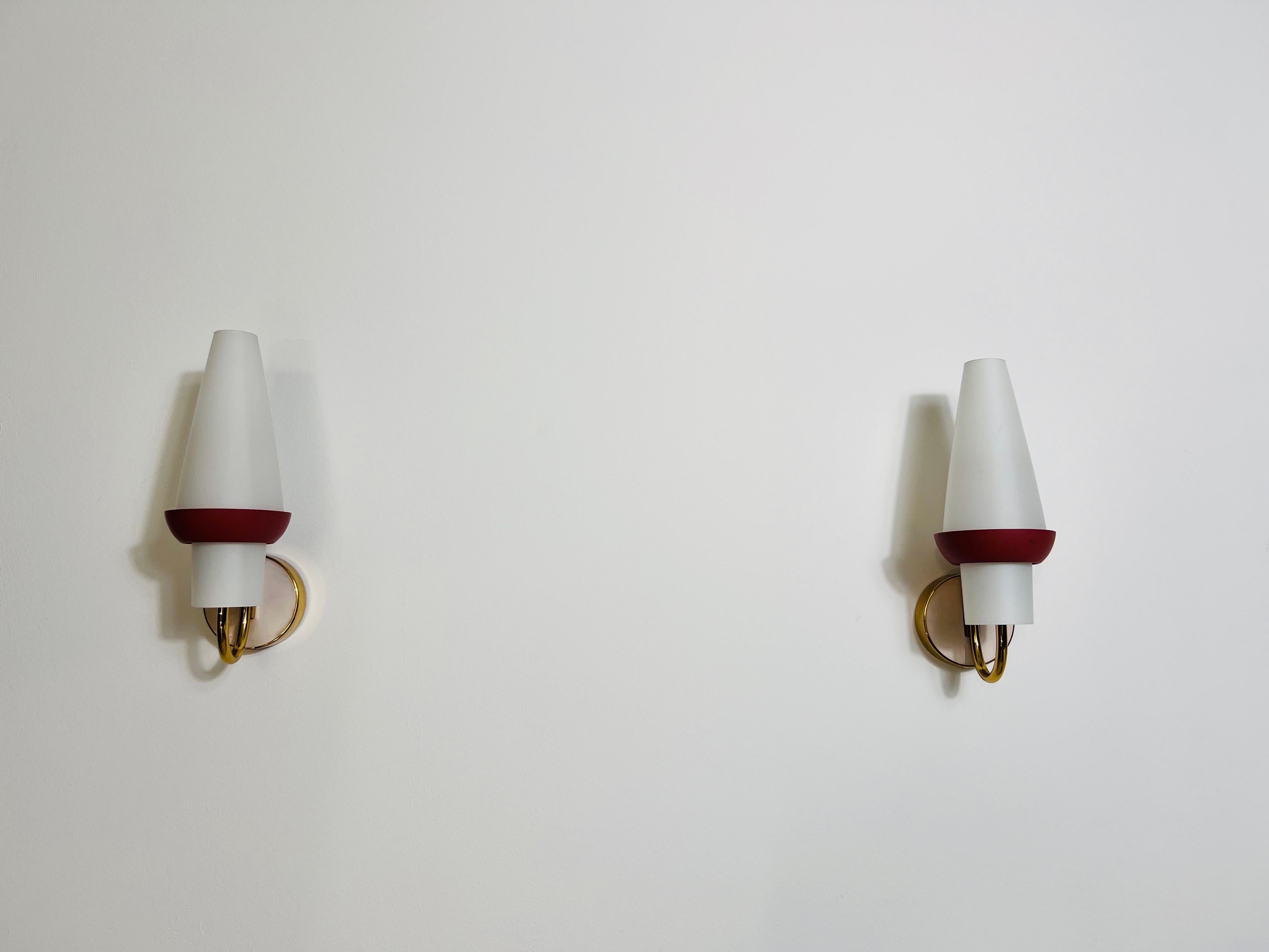 Mid-Century Modern Pair of Mid-Century Brass and Opaline Glass Wall Lamps, Italy, 1960s For Sale