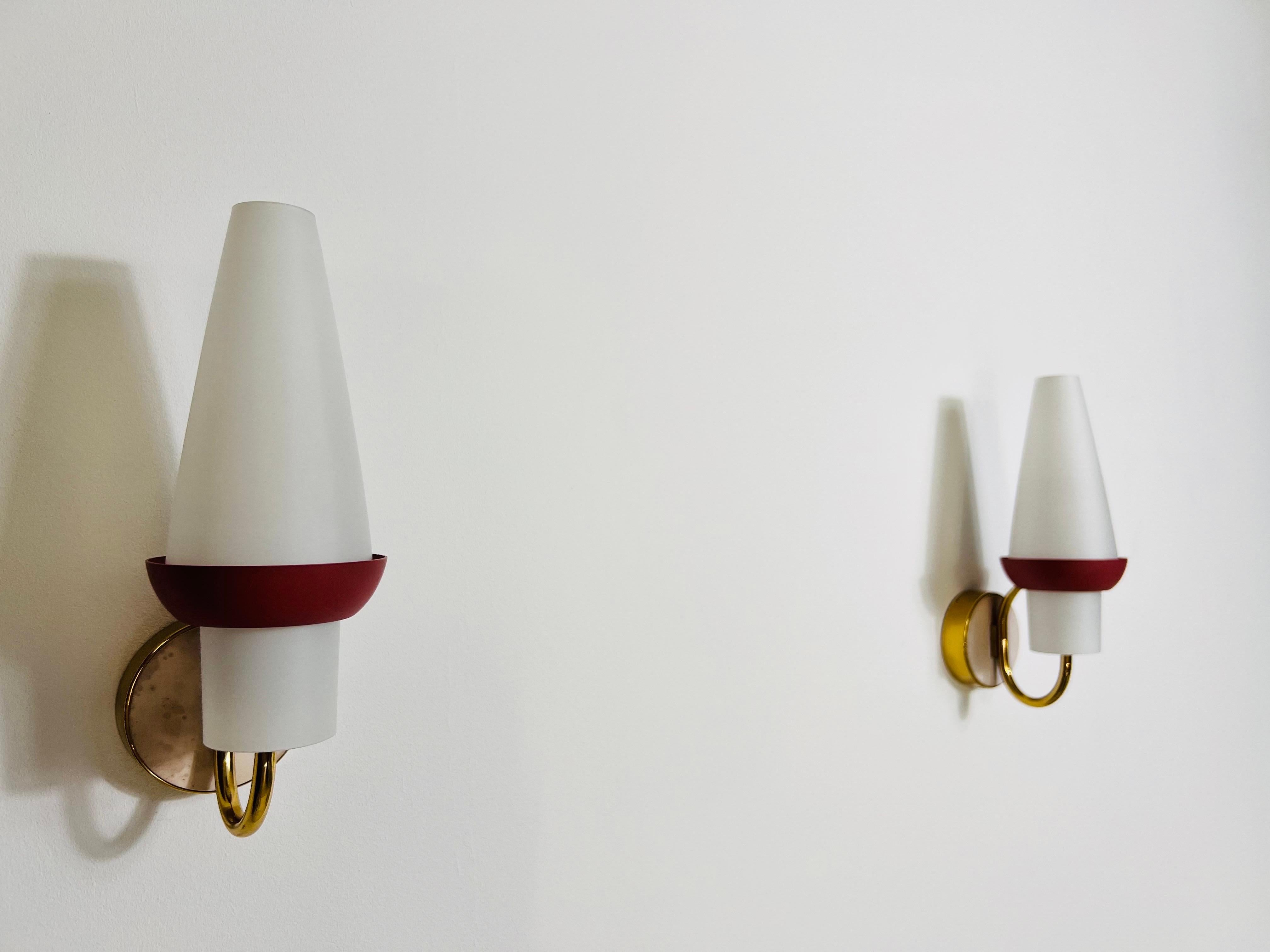 Italian Pair of Mid-Century Brass and Opaline Glass Wall Lamps, Italy, 1960s For Sale