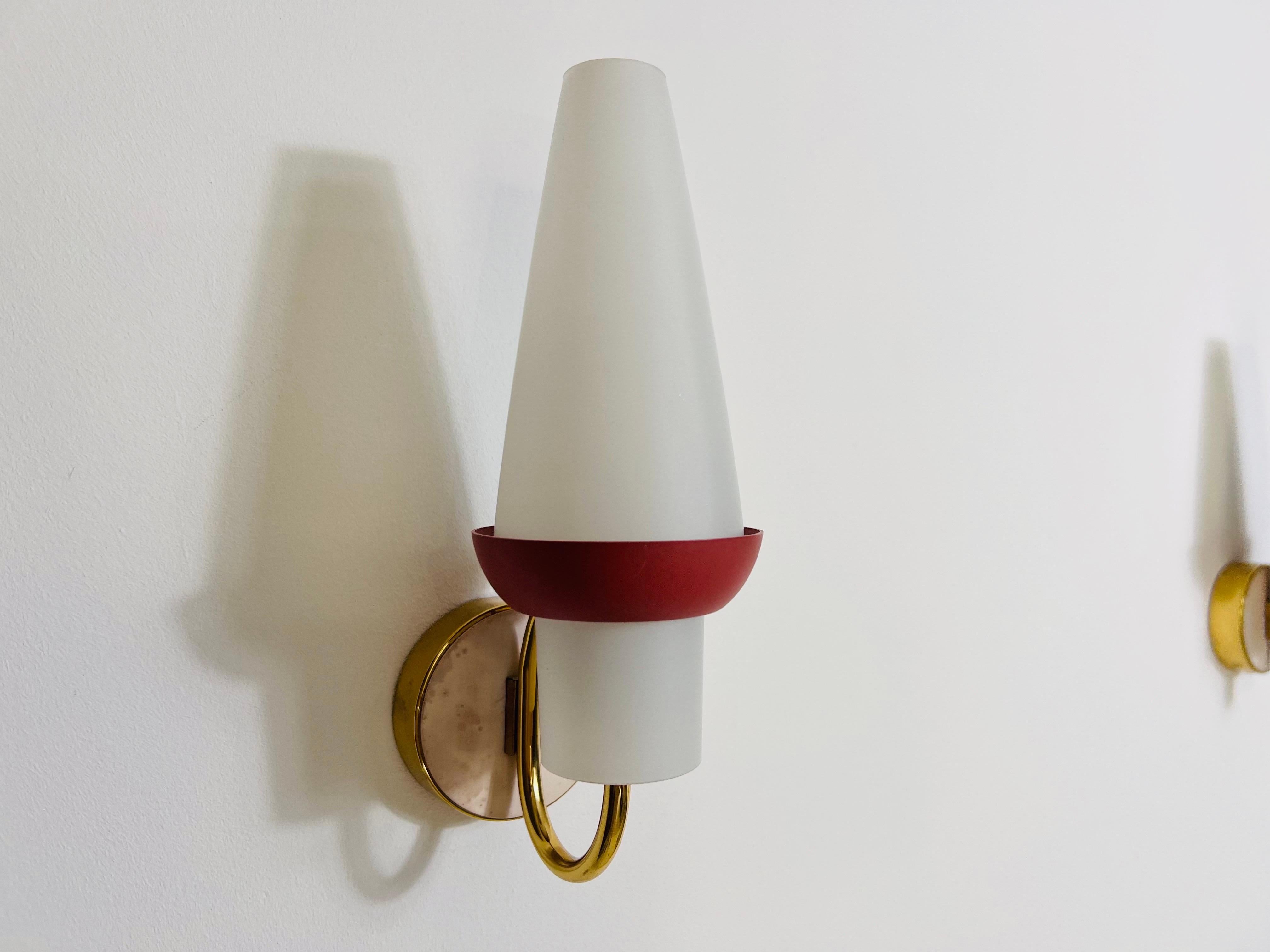 Mid-20th Century Pair of Mid-Century Brass and Opaline Glass Wall Lamps, Italy, 1960s For Sale
