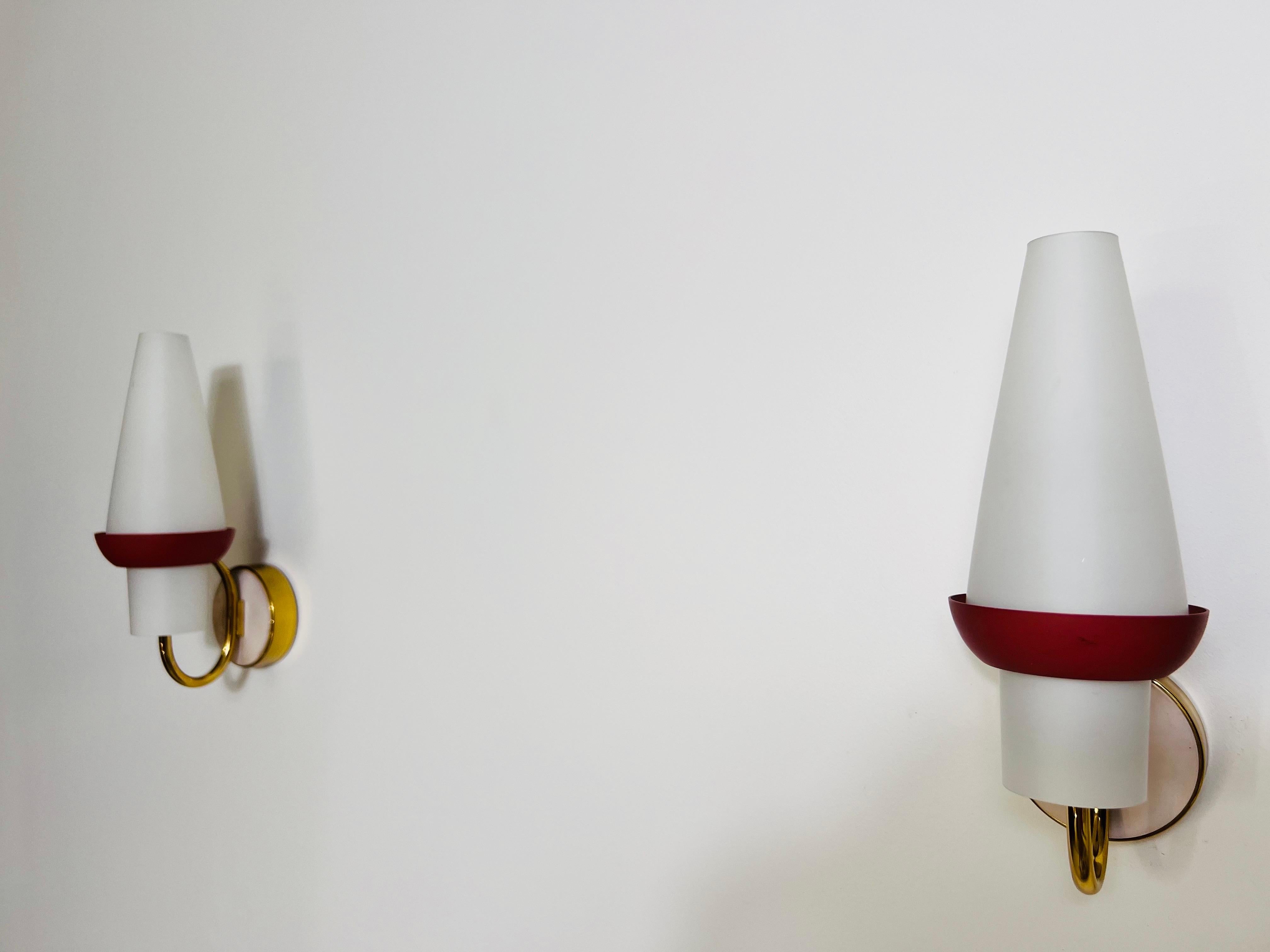 Pair of Mid-Century Brass and Opaline Glass Wall Lamps, Italy, 1960s For Sale 1