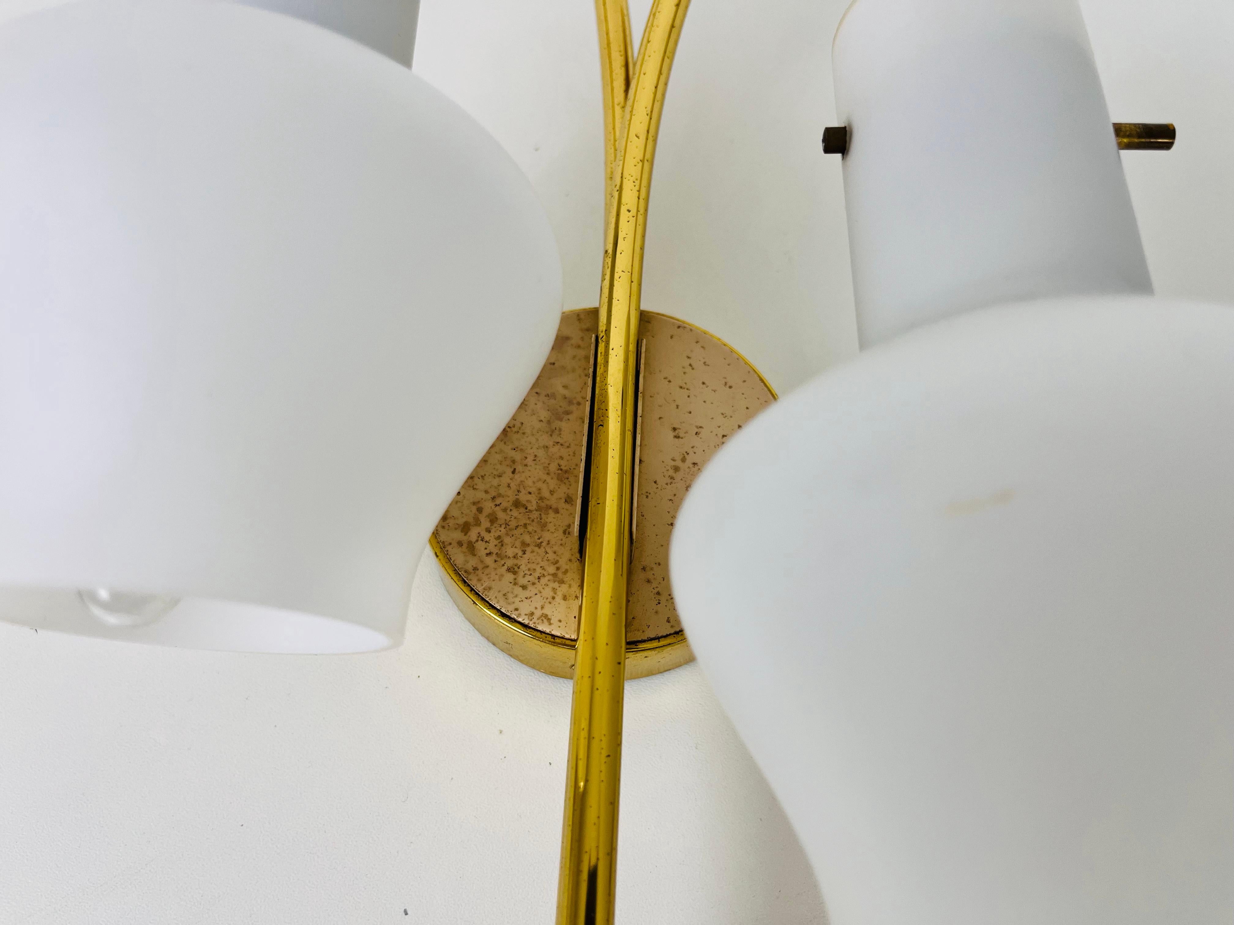 Pair of Mid-Century Brass and Opaline Glass Wall Lamps, Italy, 1960s For Sale 1