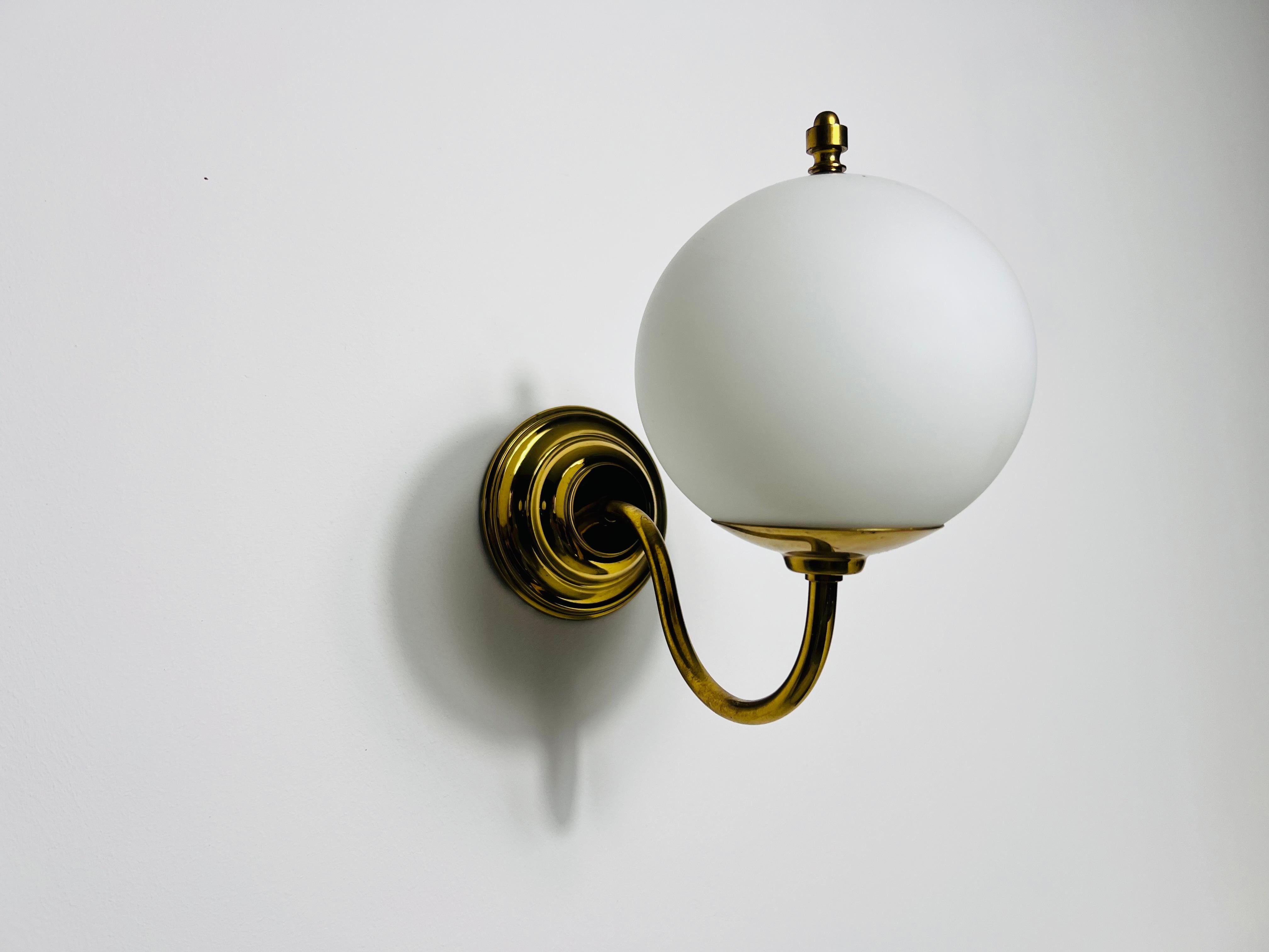 Pair of Mid-Century Brass and Opaline Glass Wall Lamps, Italy, 1960s For Sale 1