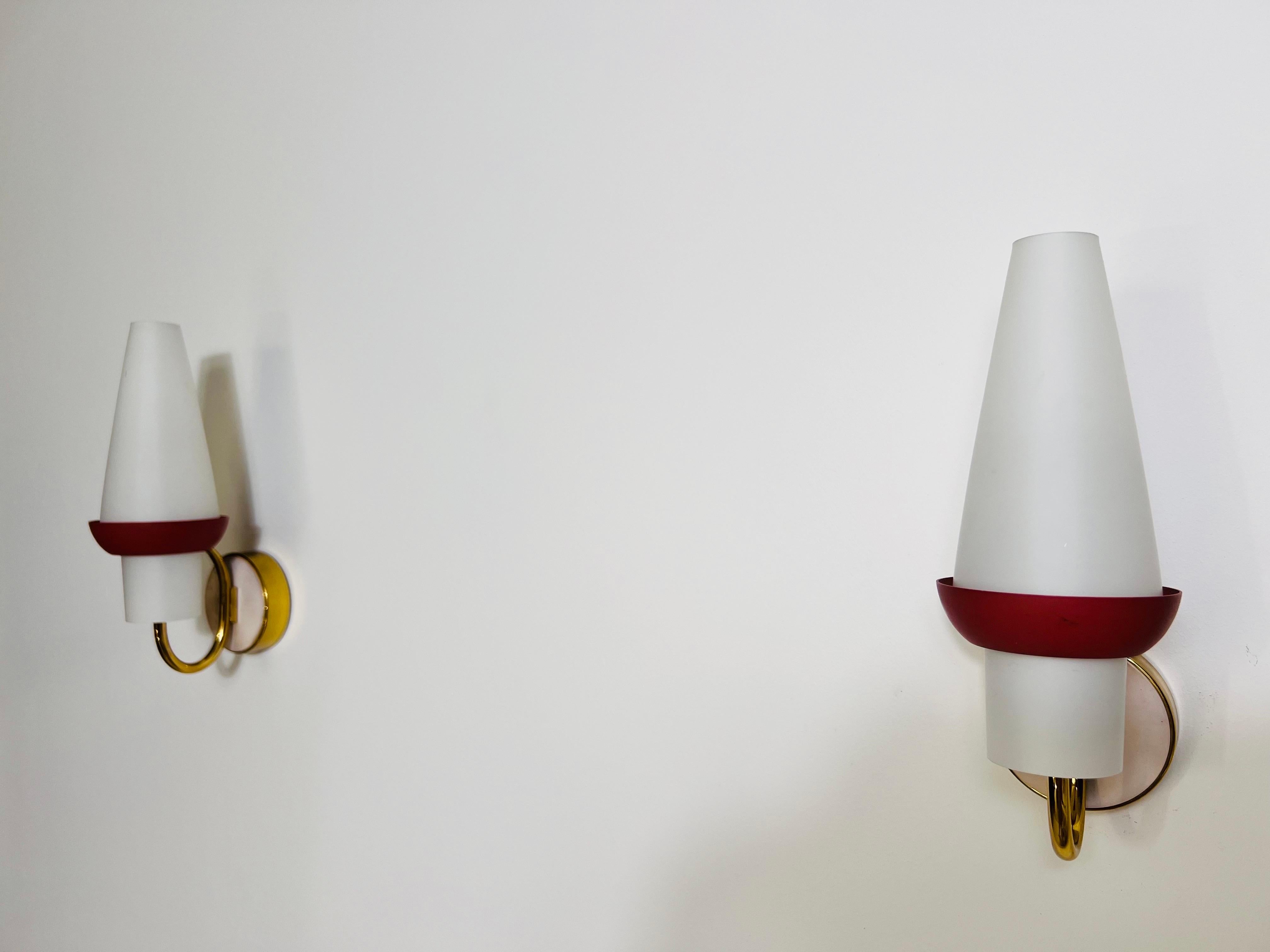 Pair of Mid-Century Brass and Opaline Glass Wall Lamps, Italy, 1960s For Sale 2