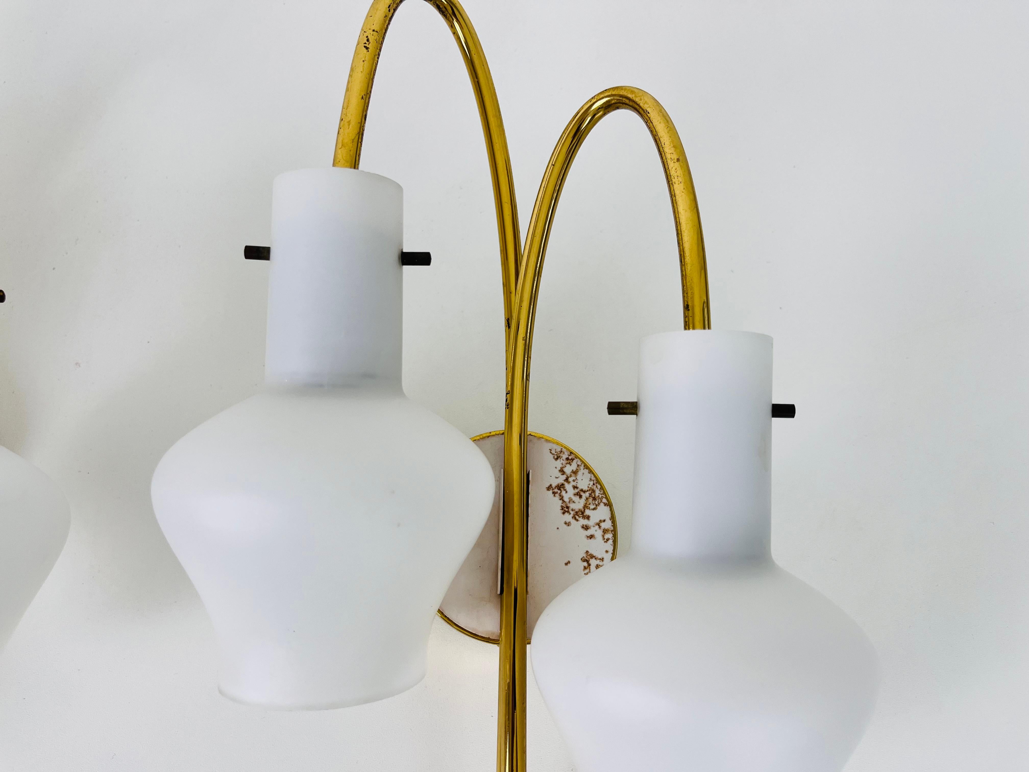 Pair of Mid-Century Brass and Opaline Glass Wall Lamps, Italy, 1960s For Sale 2