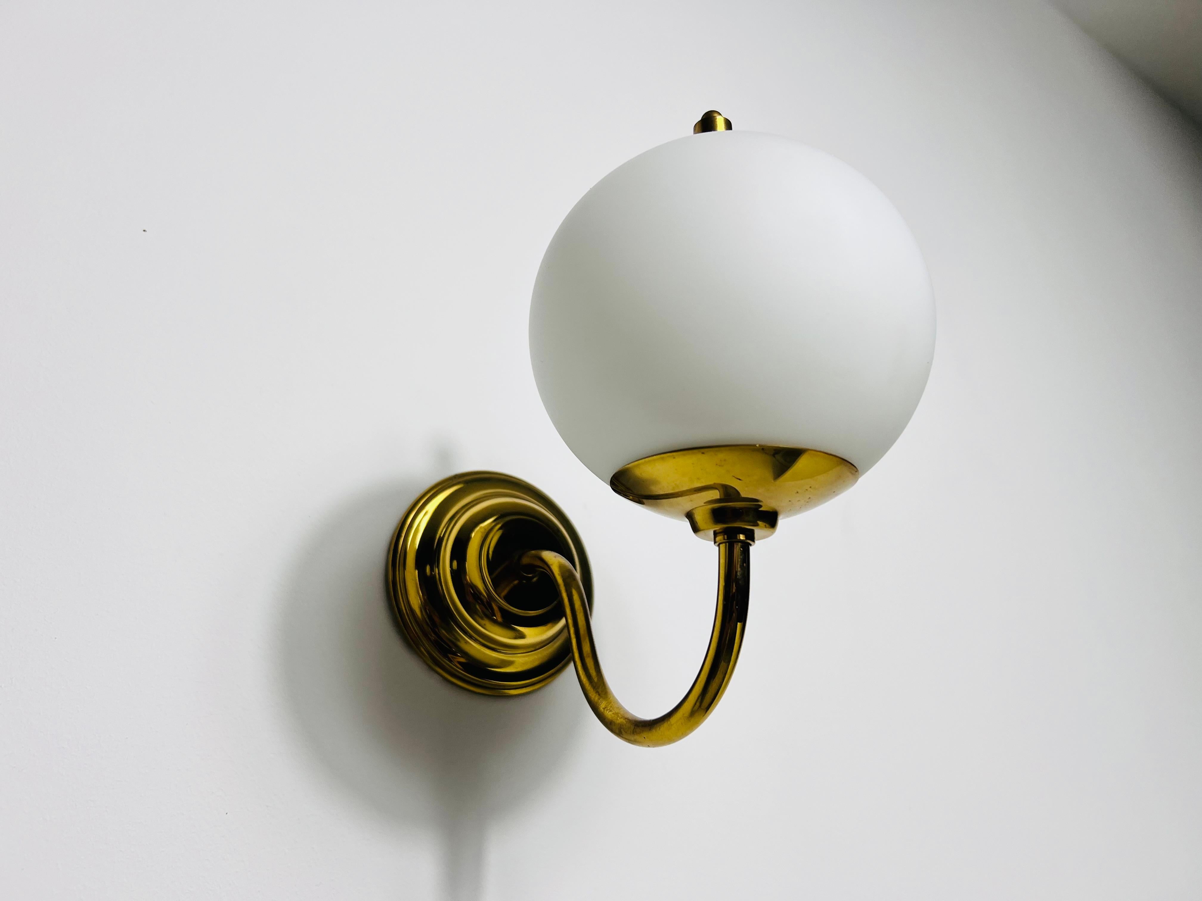 Pair of Mid-Century Brass and Opaline Glass Wall Lamps, Italy, 1960s For Sale 2