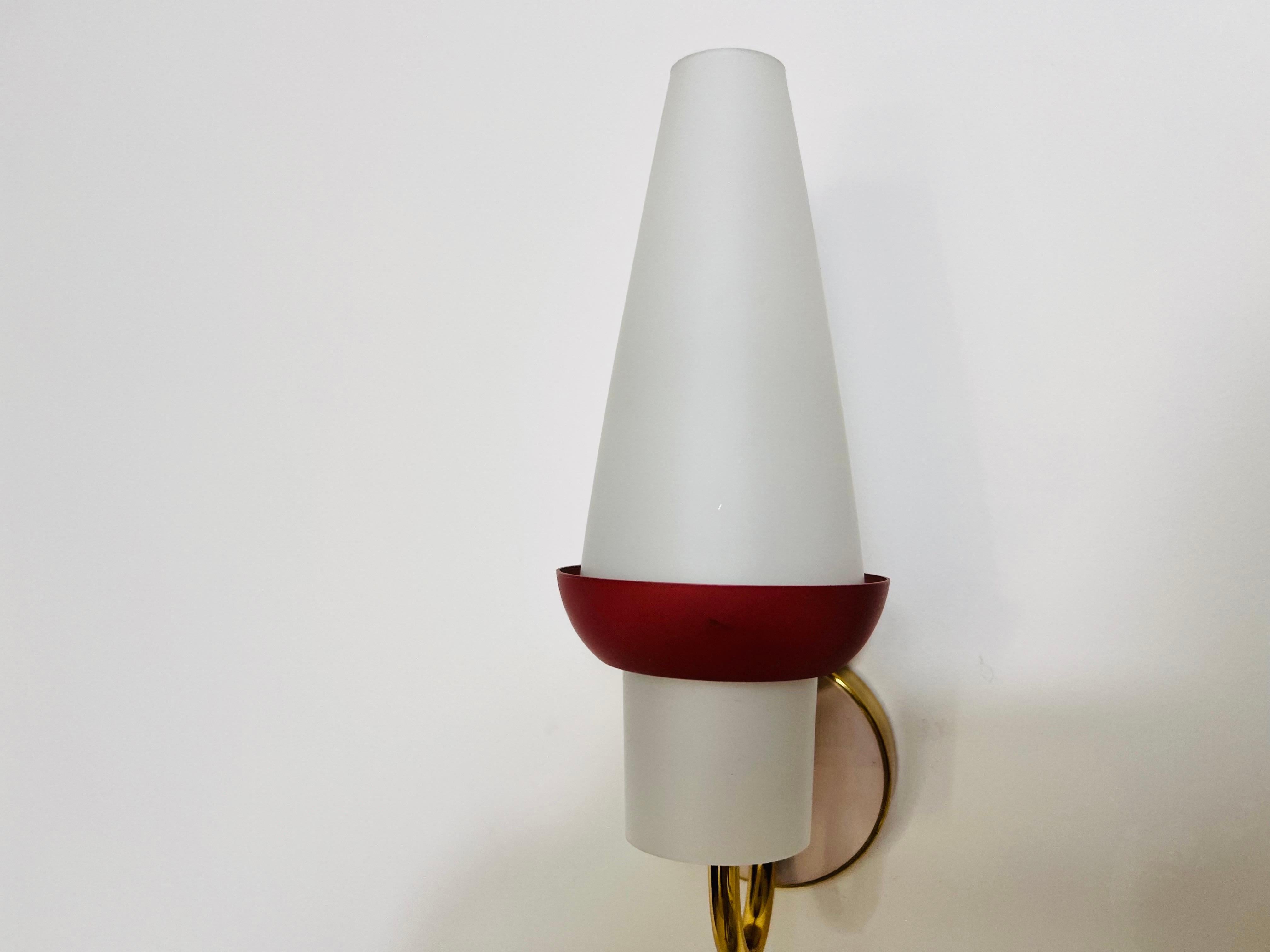 Pair of Mid-Century Brass and Opaline Glass Wall Lamps, Italy, 1960s For Sale 3