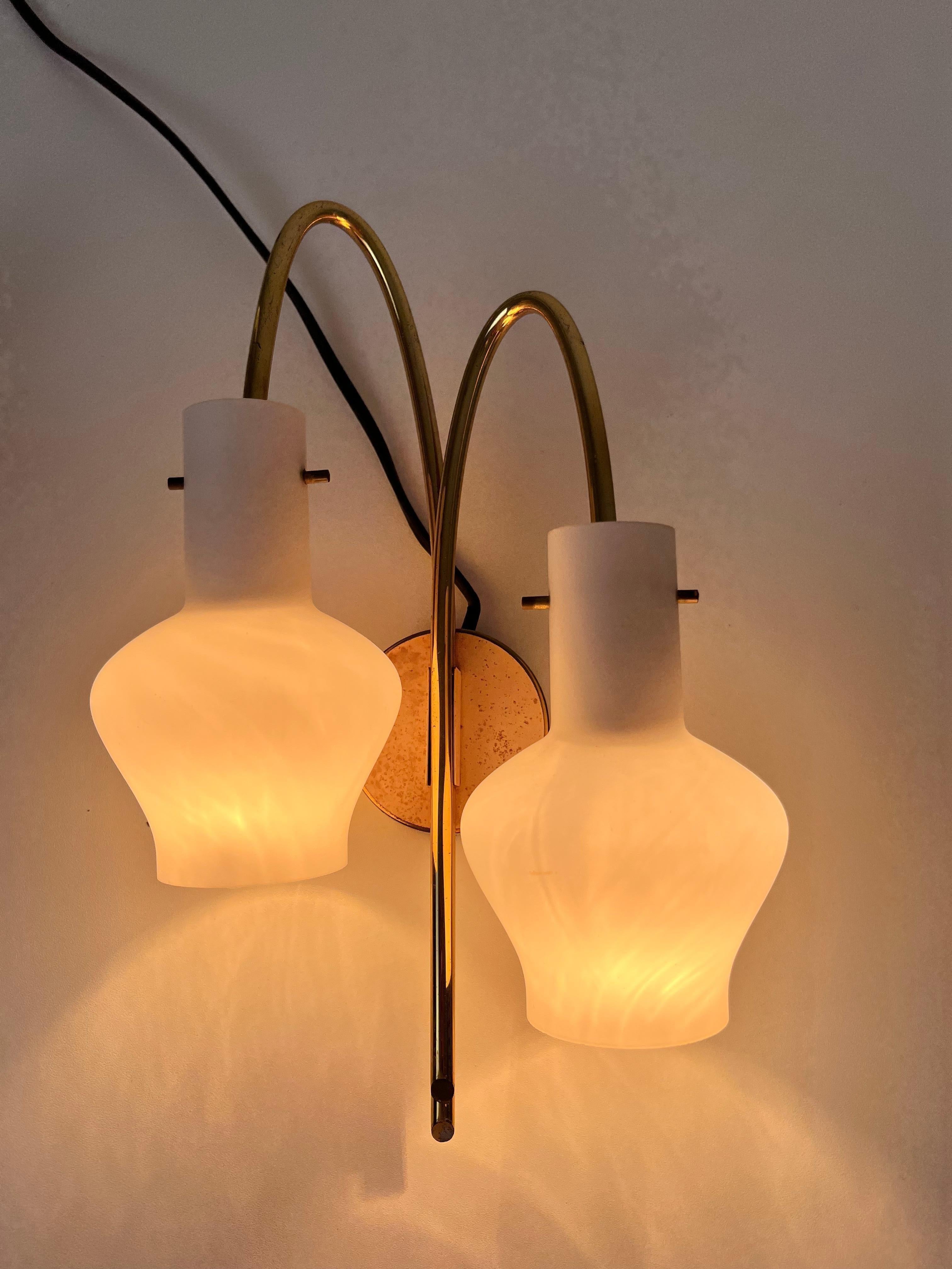 Pair of Mid-Century Brass and Opaline Glass Wall Lamps, Italy, 1960s For Sale 3