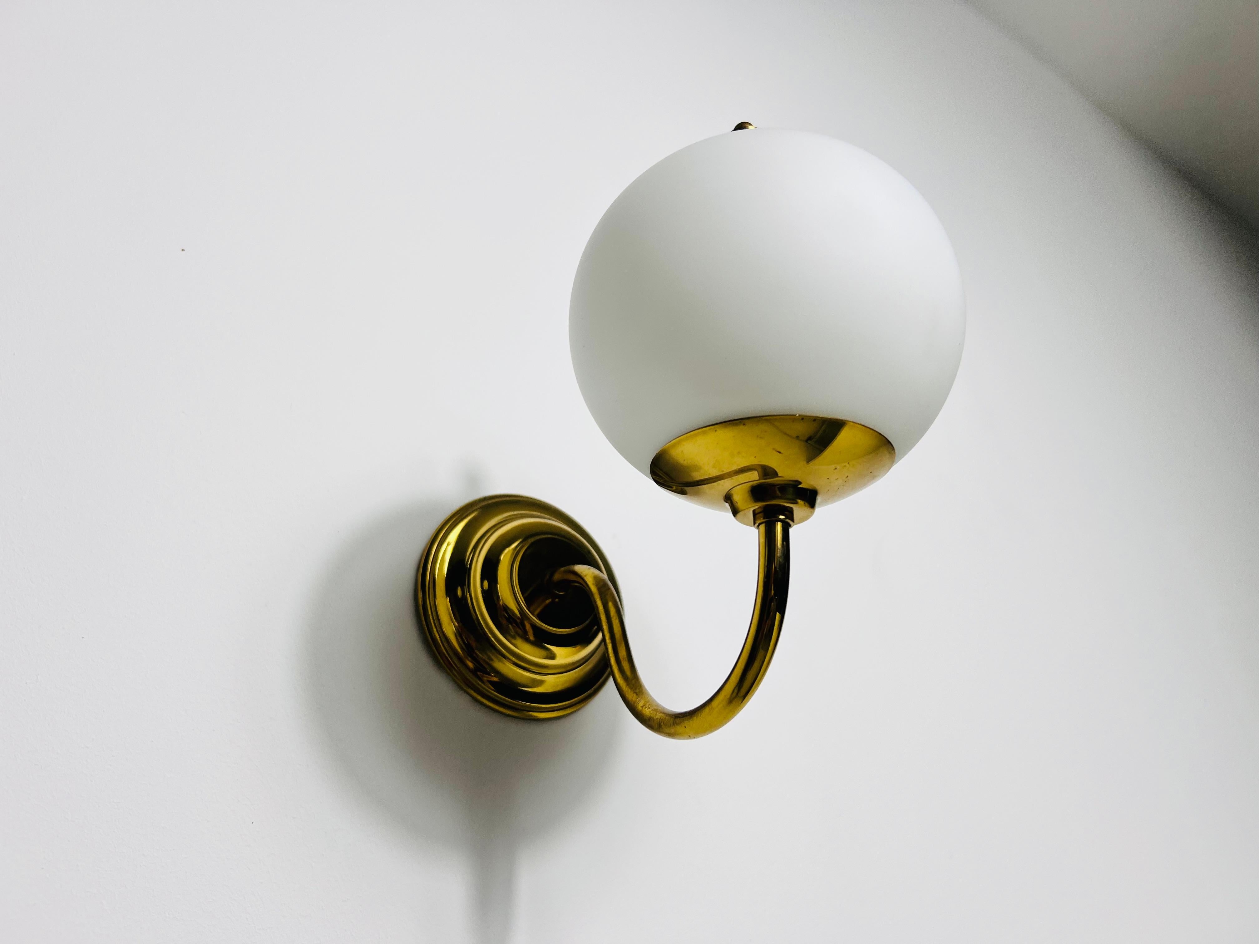 Pair of Mid-Century Brass and Opaline Glass Wall Lamps, Italy, 1960s For Sale 3
