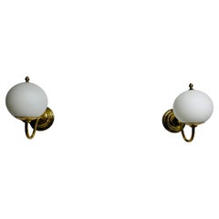 Pair of Mid-Century Brass and Opaline Glass Wall Lamps, Italy, 1960s