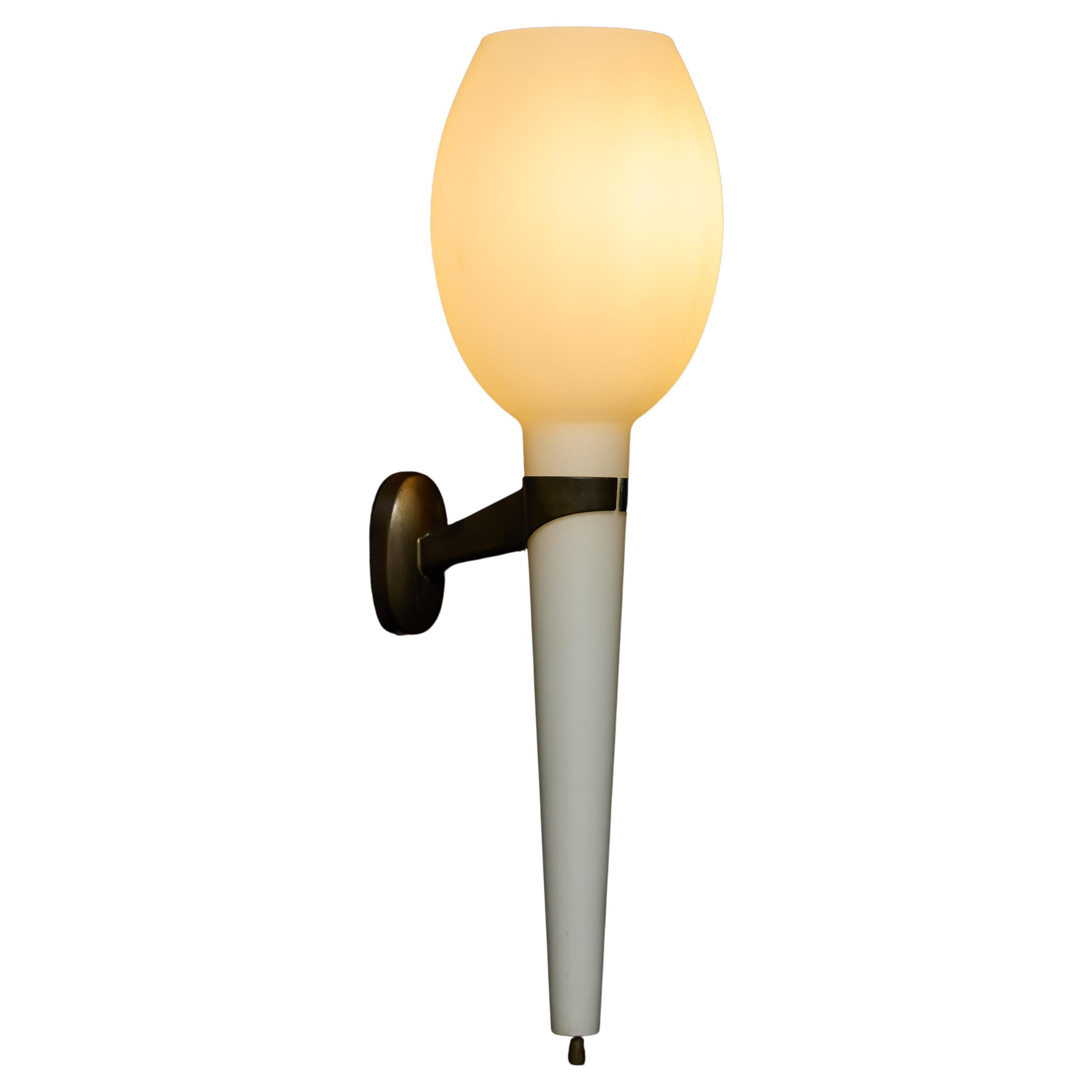 Pair of Mid Century Brass and Opaline Glass Wall Sconces