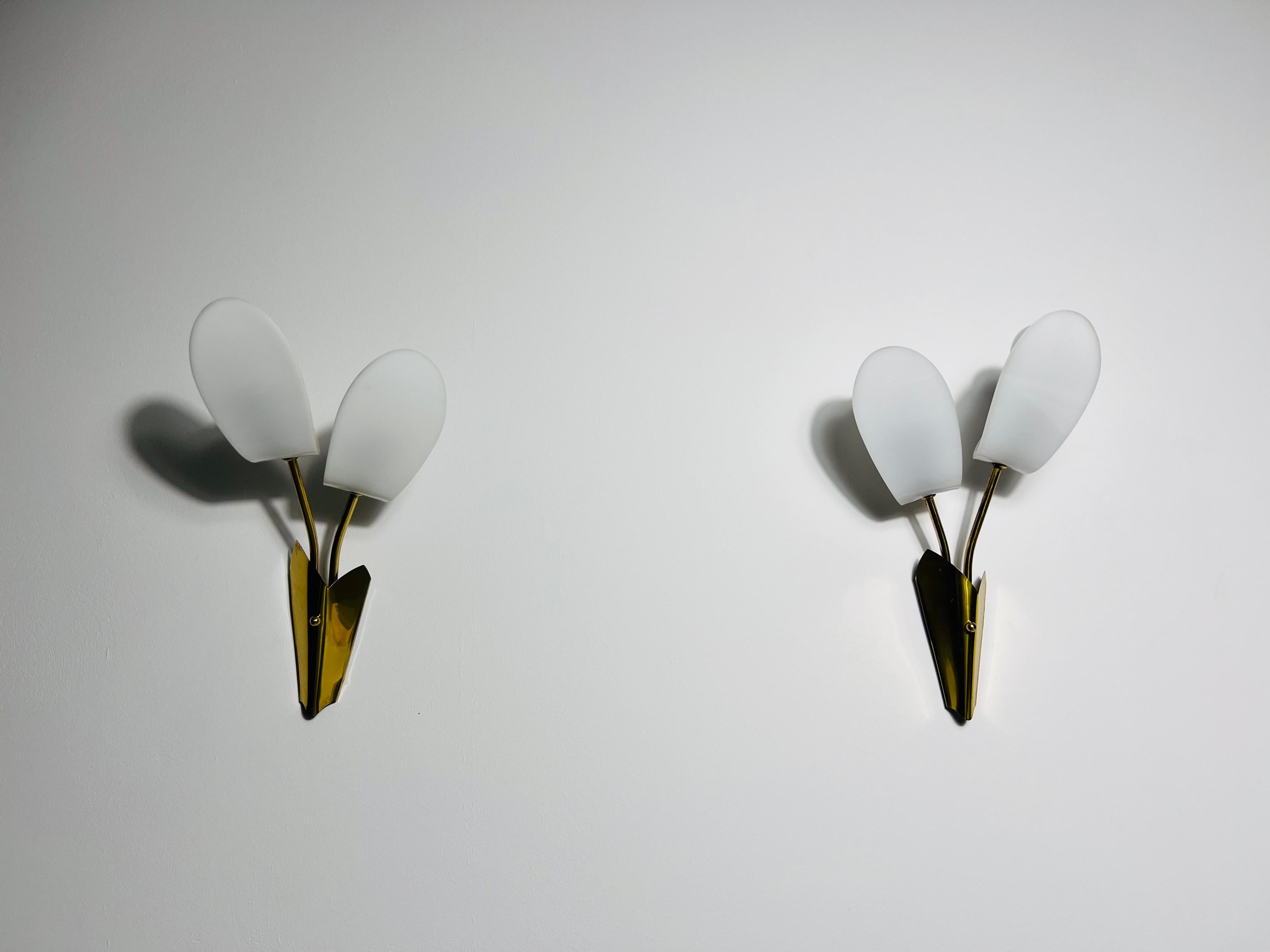 Discover the unique charm of our vintage double-headed wall lamps from Italy, crafted in the 1960s. With elegant brass frames and stunning Plexiglass shades designed to mimic natural leaves, these fixtures effortlessly combine artistic flair with
