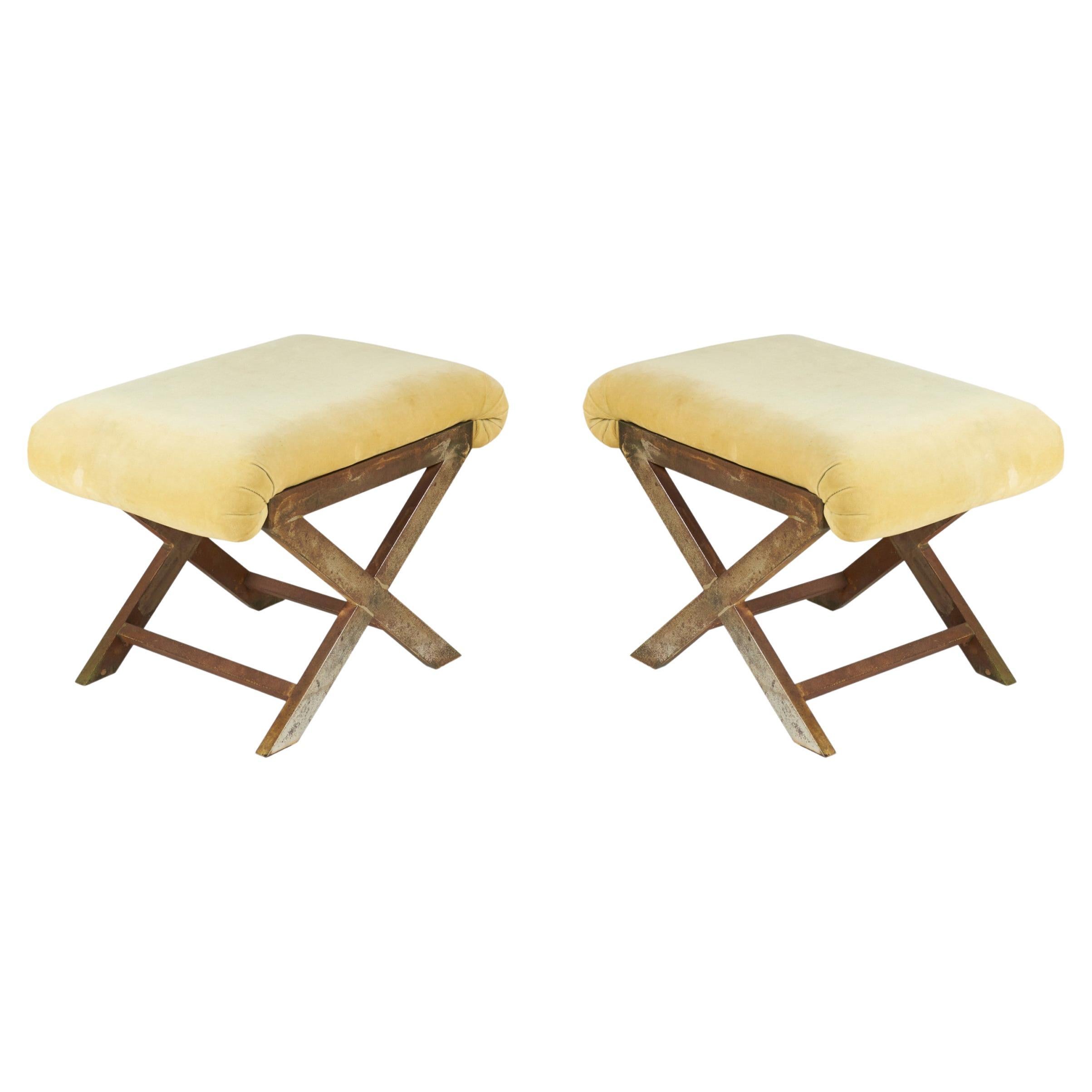 Pair of Mid-Century Brass and Tan Velour X-Benches For Sale