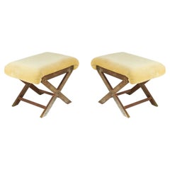 Pair of Mid-Century Brass and Tan Velour X-Benches