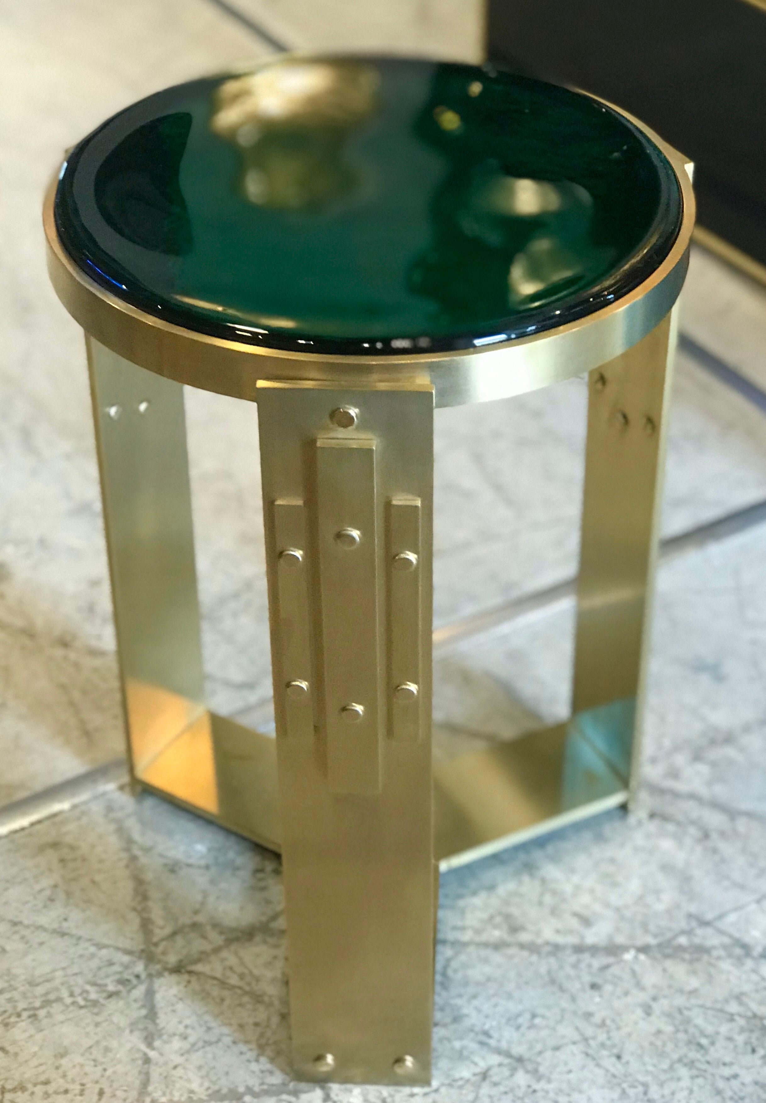 Italian Pair of Midcentury Brass and Thick Glass Accent Tables