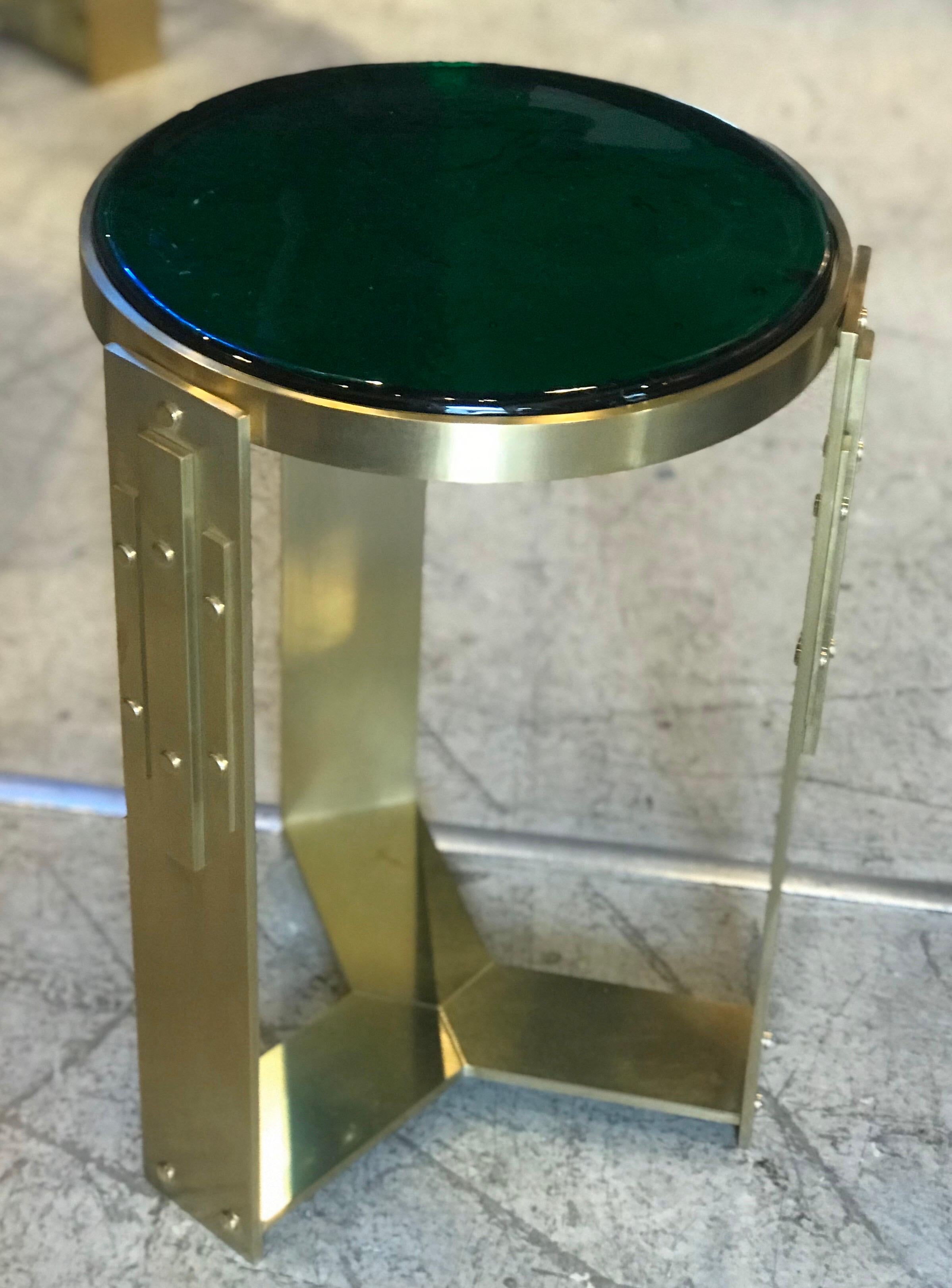 Pair of Midcentury Brass and Thick Glass Accent Tables 1