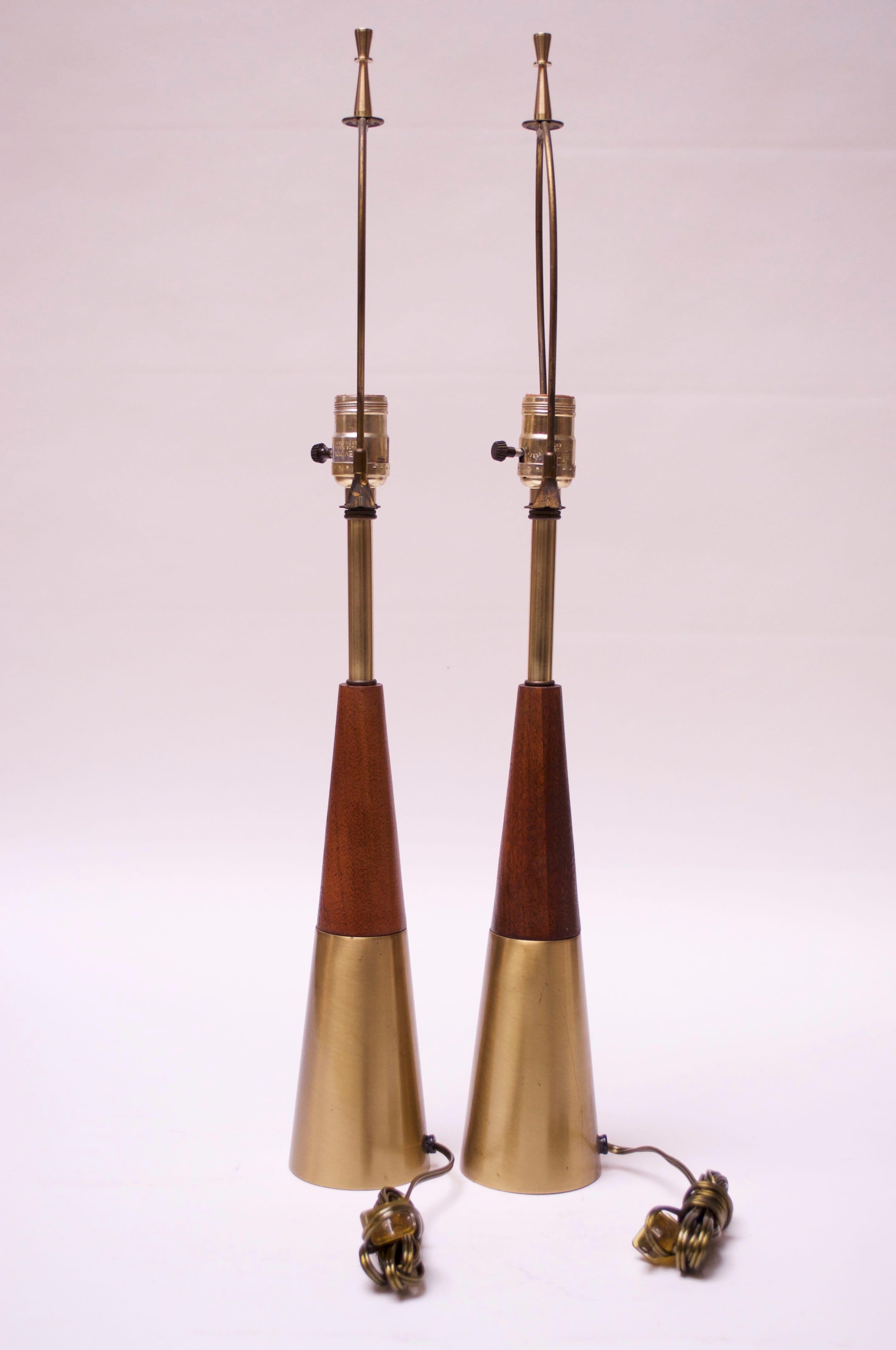 American Pair of Midcentury Brass and Walnut Table Lamps by Tony Paul for Westwood