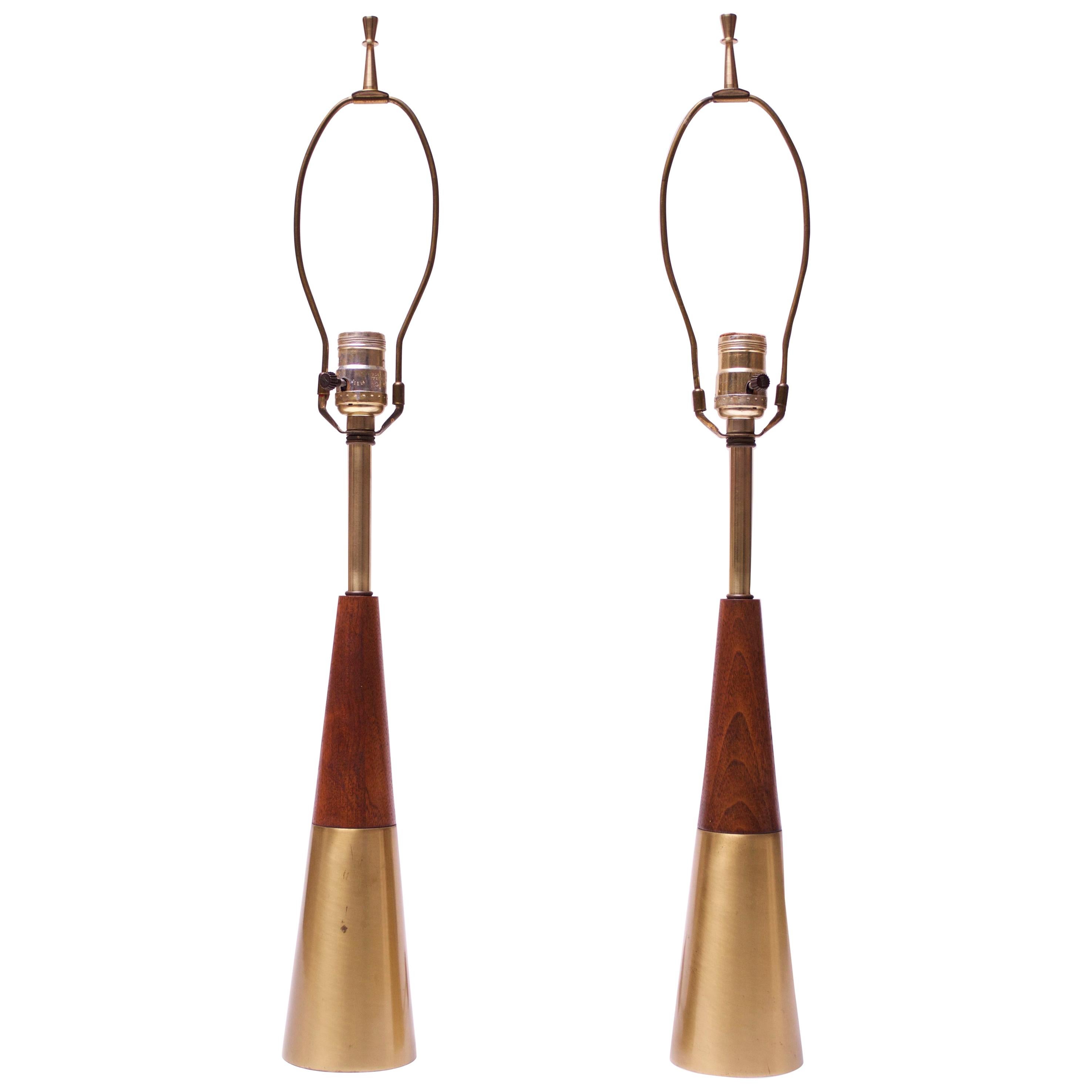 Pair of Midcentury Brass and Walnut Table Lamps by Tony Paul for Westwood