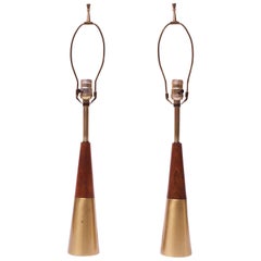Pair of Midcentury Brass and Walnut Table Lamps by Tony Paul for Westwood