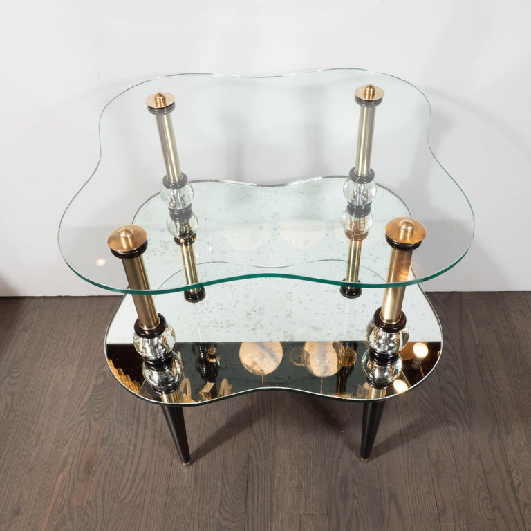 Pair of Midcentury Brass, Antique Mirror, Ebonized Walnut and Glass End