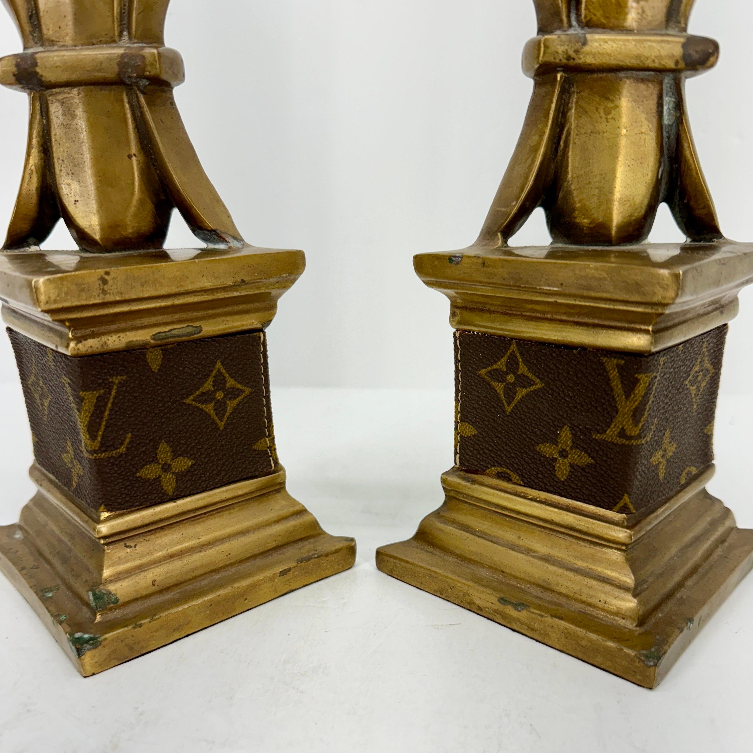  Pair of Mid-Century Brass Bookends with Louis Vuitton Monogram Fabric For Sale 3