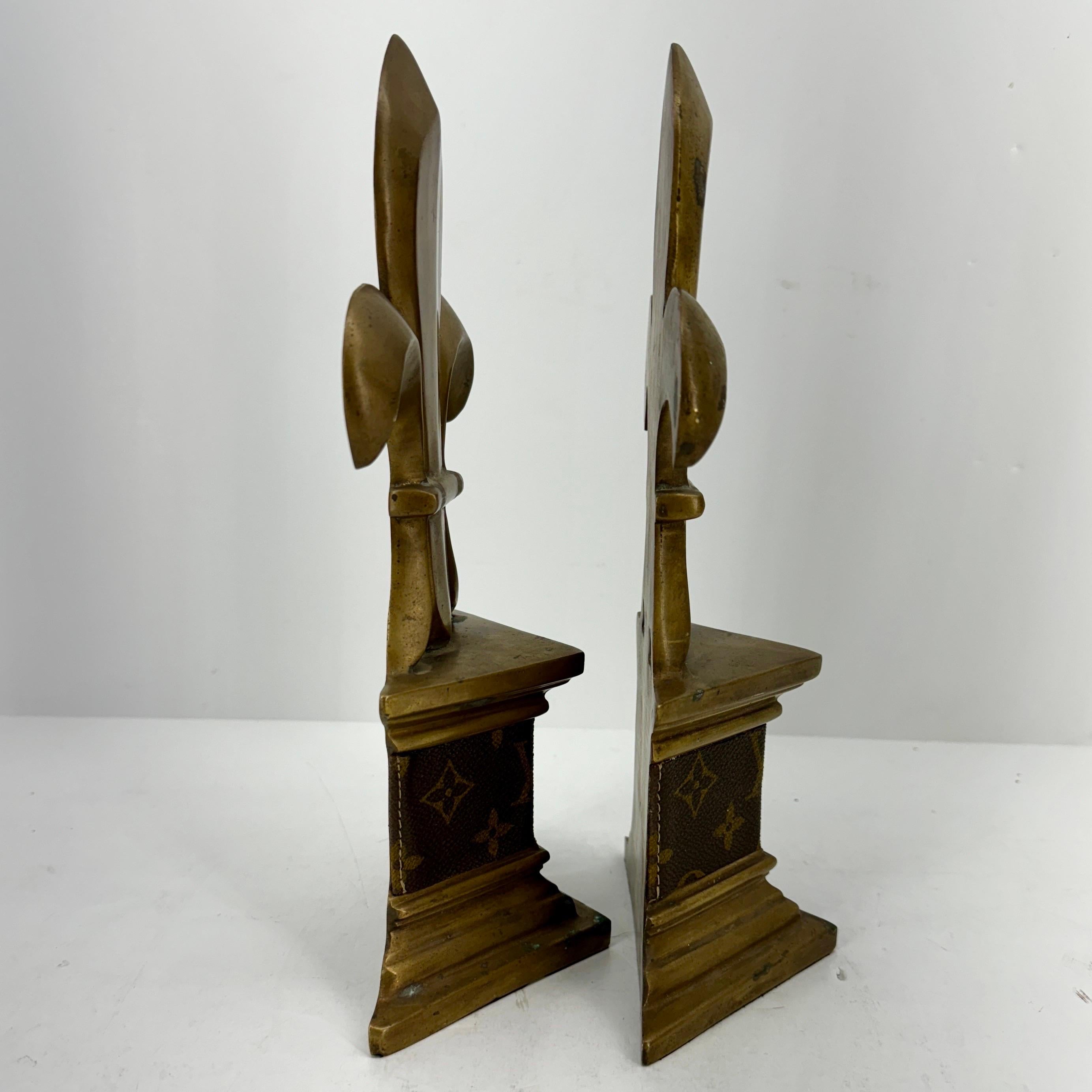  Pair of Mid-Century Brass Bookends with Louis Vuitton Monogram Fabric For Sale 5