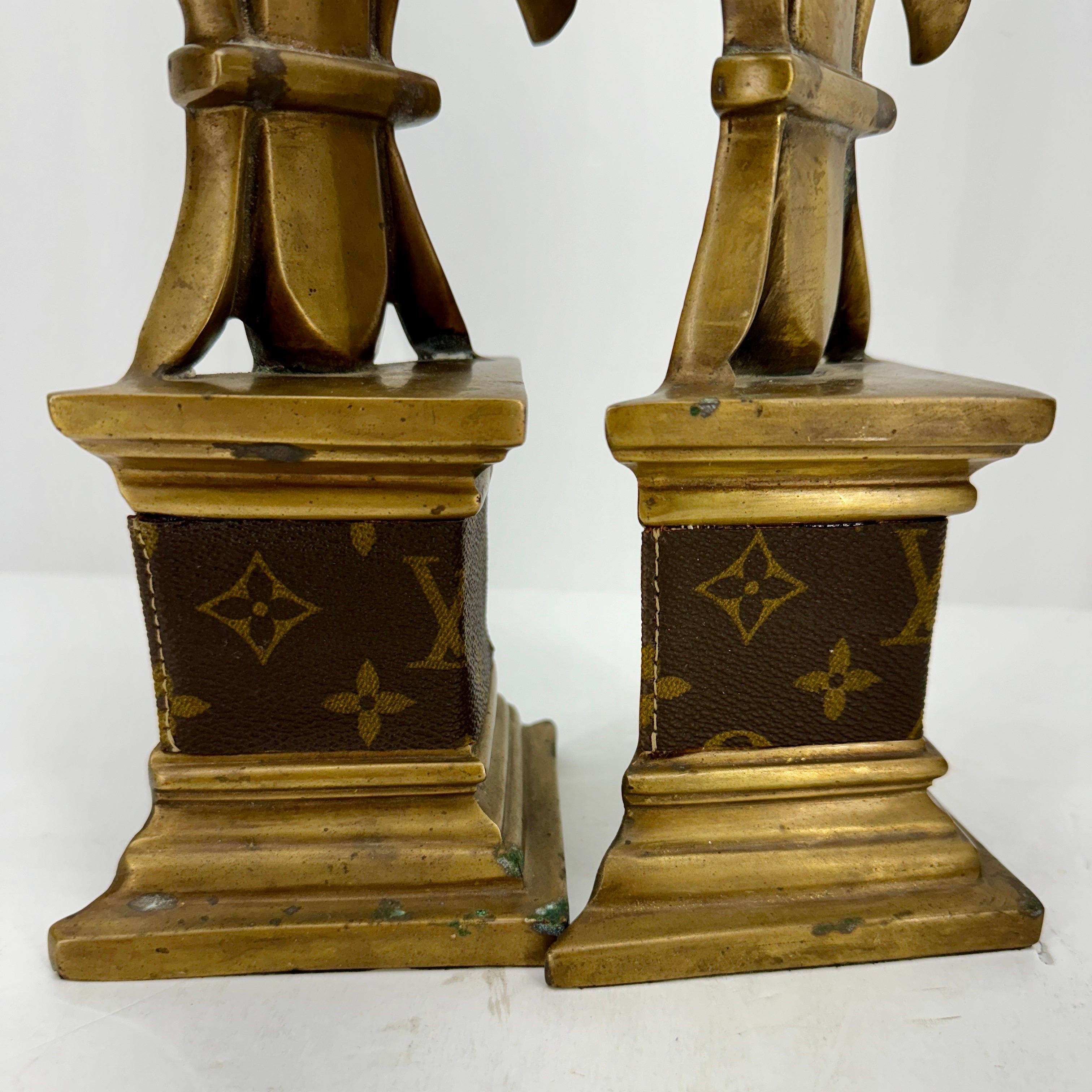  Pair of Mid-Century Brass Bookends with Louis Vuitton Monogram Fabric For Sale 6