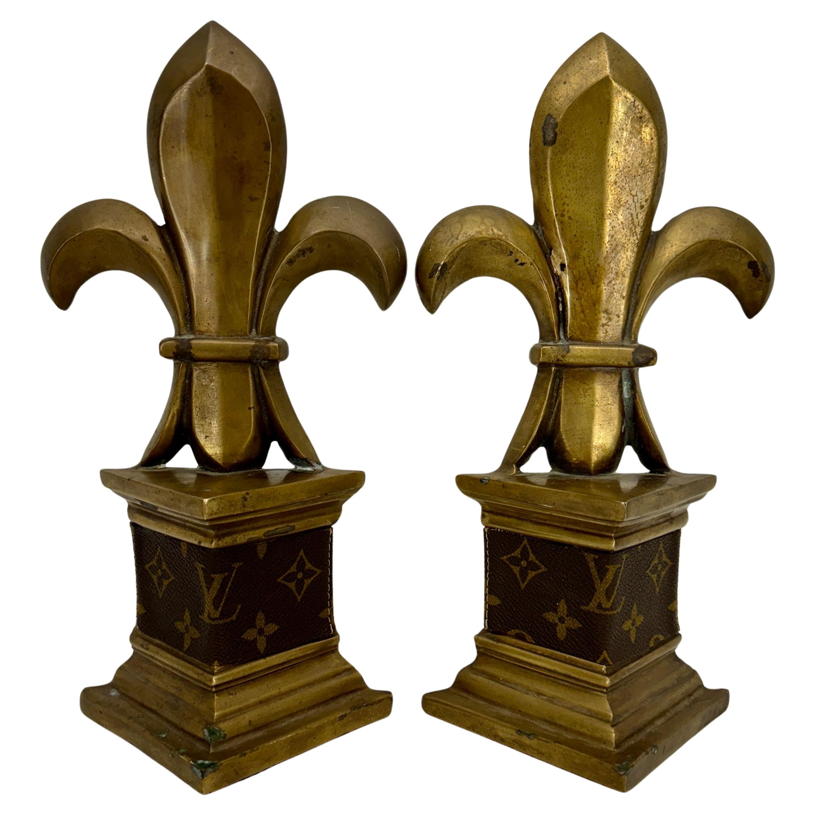 Mid-Century Modern  Pair of Mid-Century Brass Bookends with Louis Vuitton Monogram Fabric For Sale