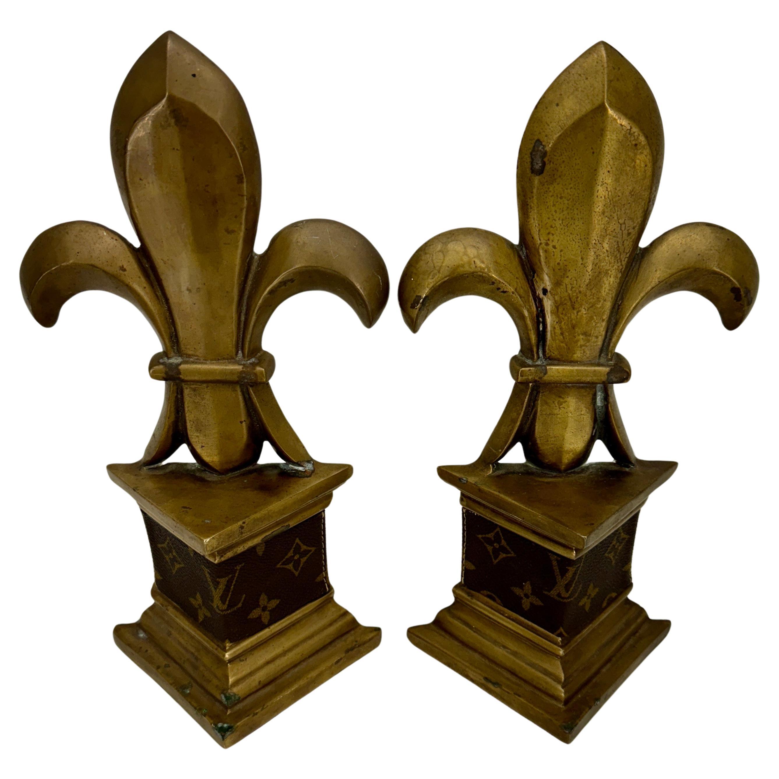 French  Pair of Mid-Century Brass Bookends with Louis Vuitton Monogram Fabric For Sale