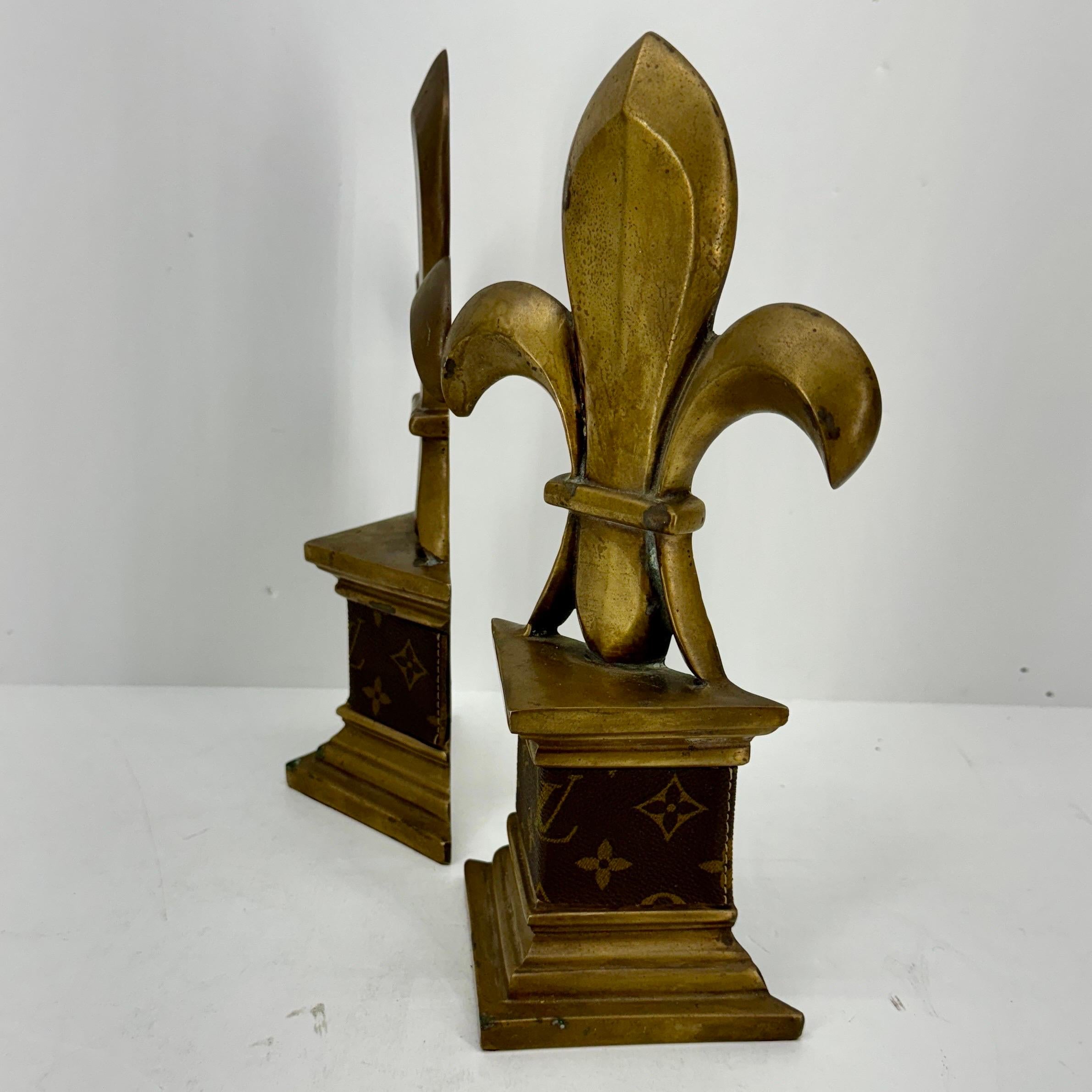 Hand-Crafted  Pair of Mid-Century Brass Bookends with Louis Vuitton Monogram Fabric For Sale