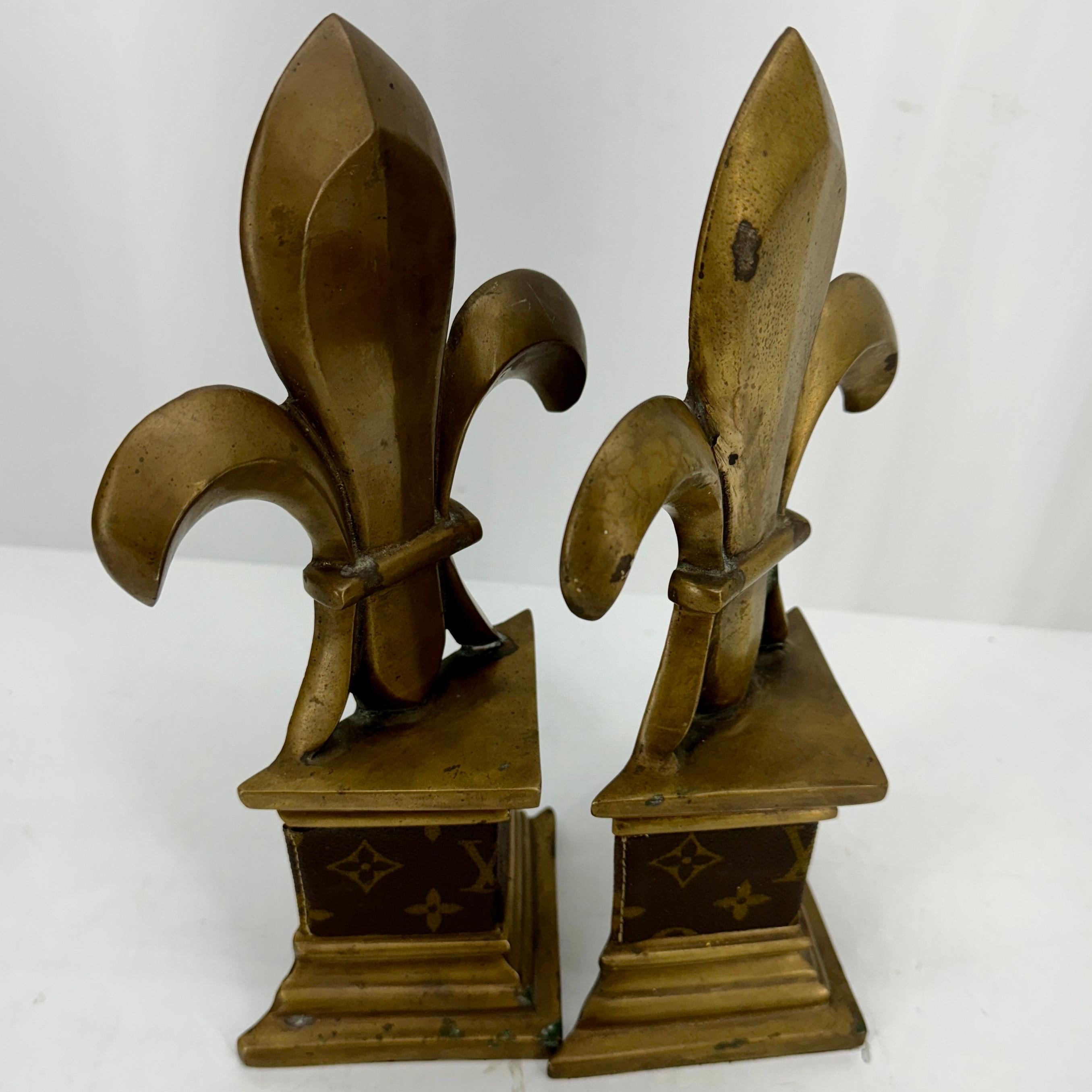  Pair of Mid-Century Brass Bookends with Louis Vuitton Monogram Fabric For Sale 1