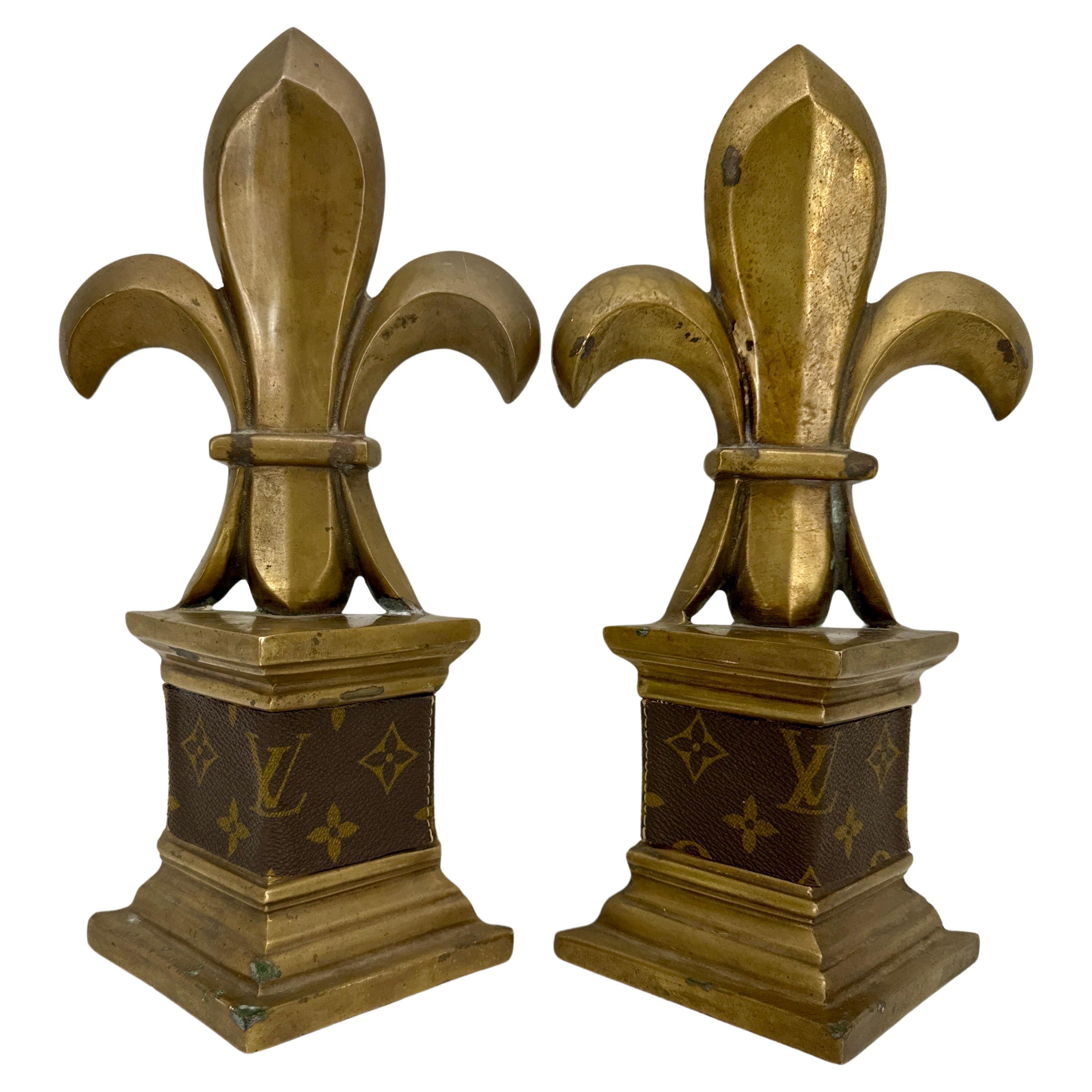  Pair of Mid-Century Brass Bookends with Louis Vuitton Monogram Fabric For Sale