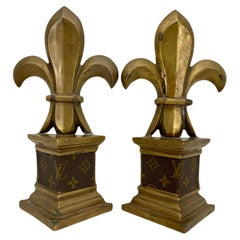 Vintage  Pair of Mid-Century Brass Bookends with Louis Vuitton Monogram Fabric