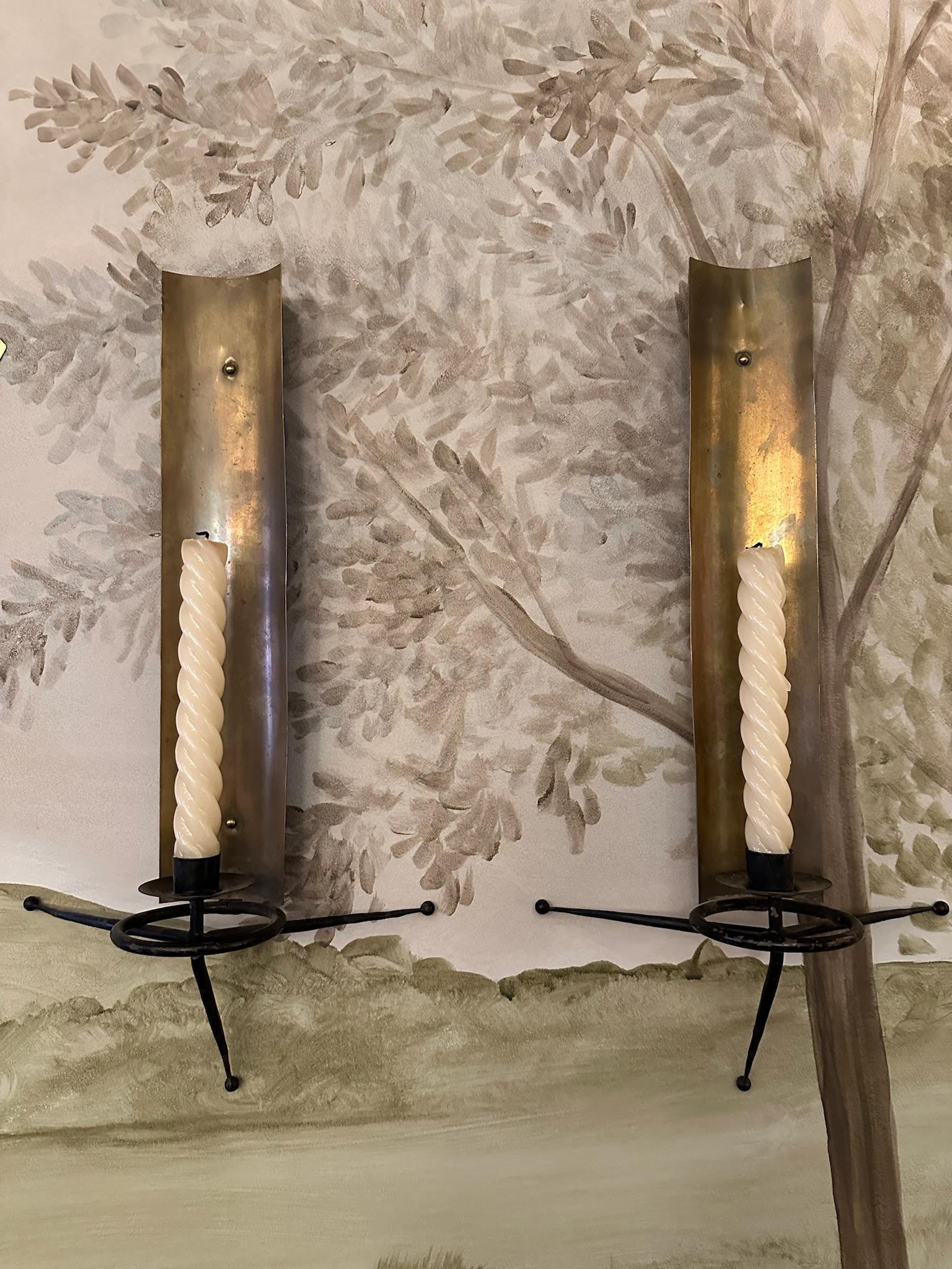 American Pair of Mid-Century Brass Candle Sconces For Sale