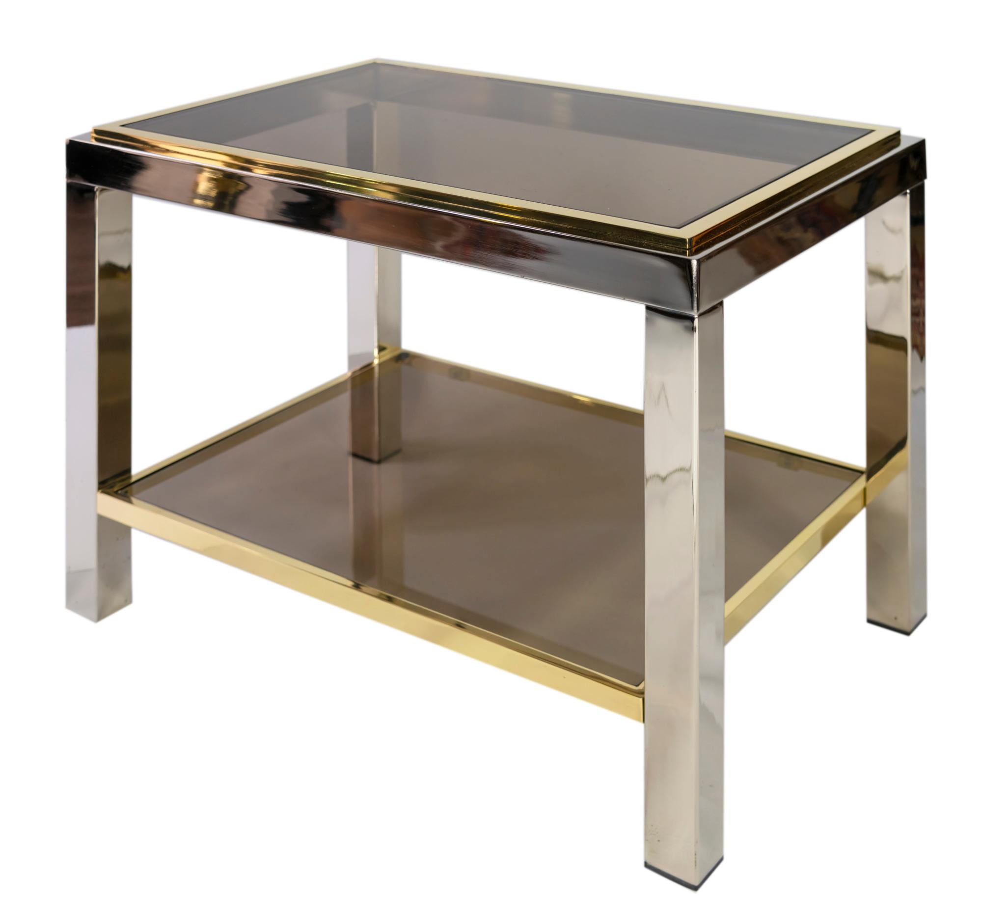 Italian Pair of Mid-Century Brass, Chrome and Glass Top Side Tables by Willy Rizzo
