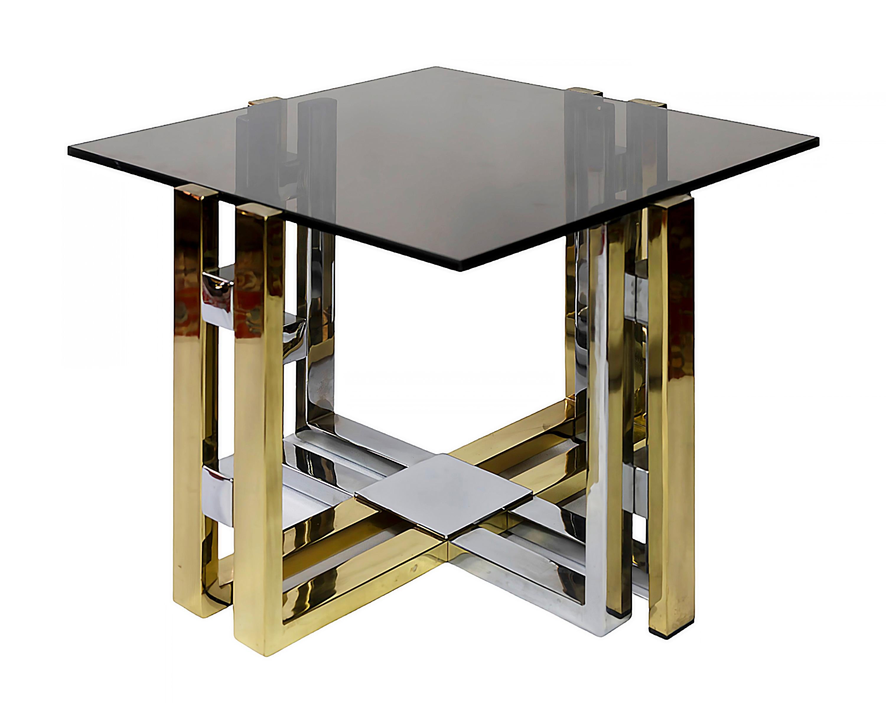 Mid-Century Modern Pair of Mid-Century Brass, Chrome and Glass Top Side Tables For Sale
