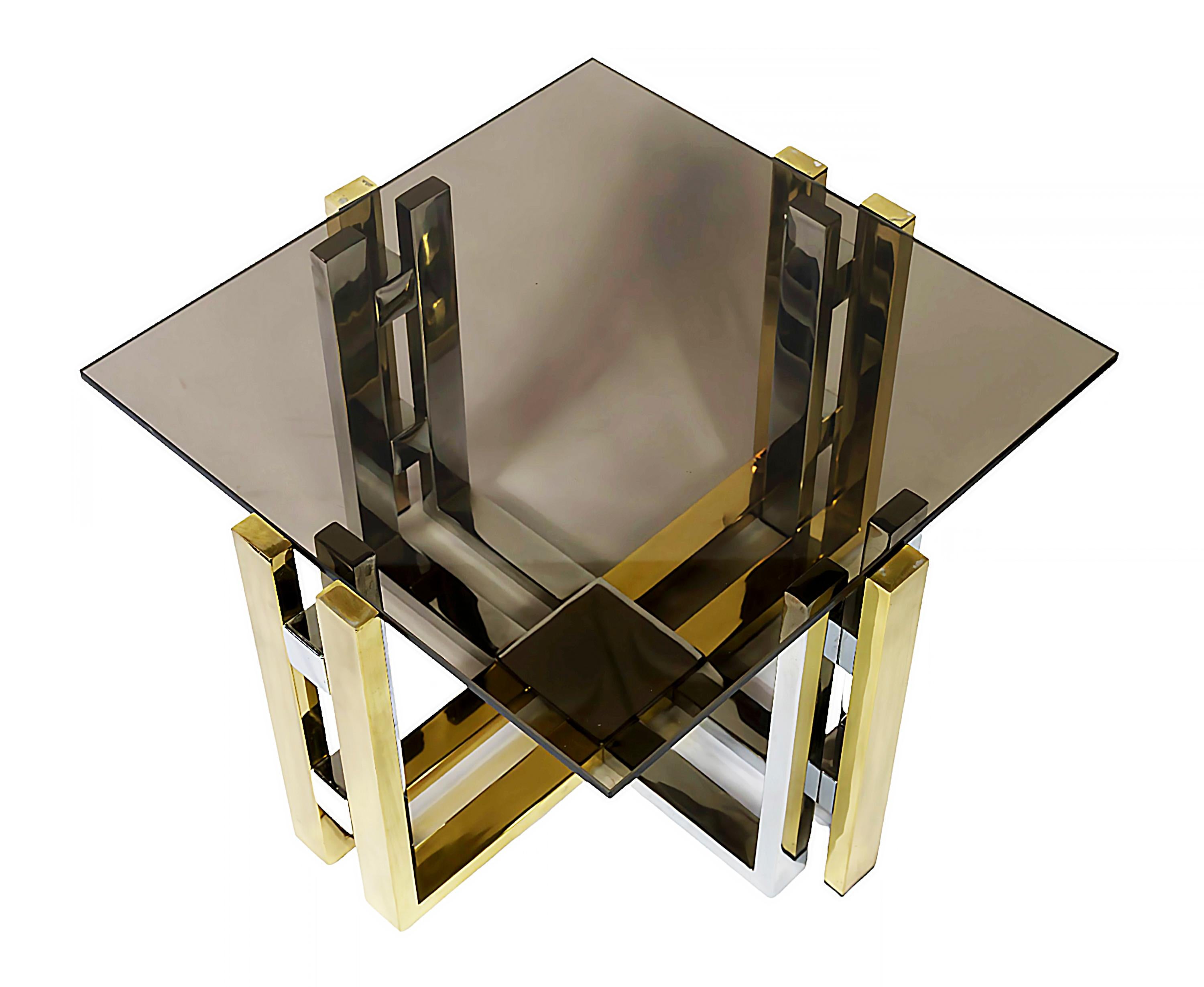 Italian Pair of Mid-Century Brass, Chrome and Glass Top Side Tables For Sale
