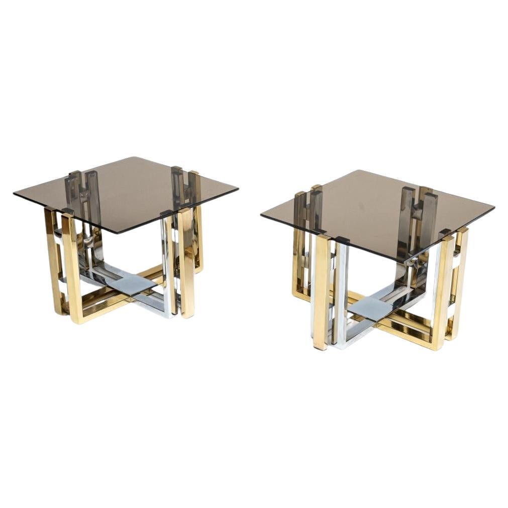 Pair of Mid-Century Brass, Chrome and Glass Top Side Tables For Sale
