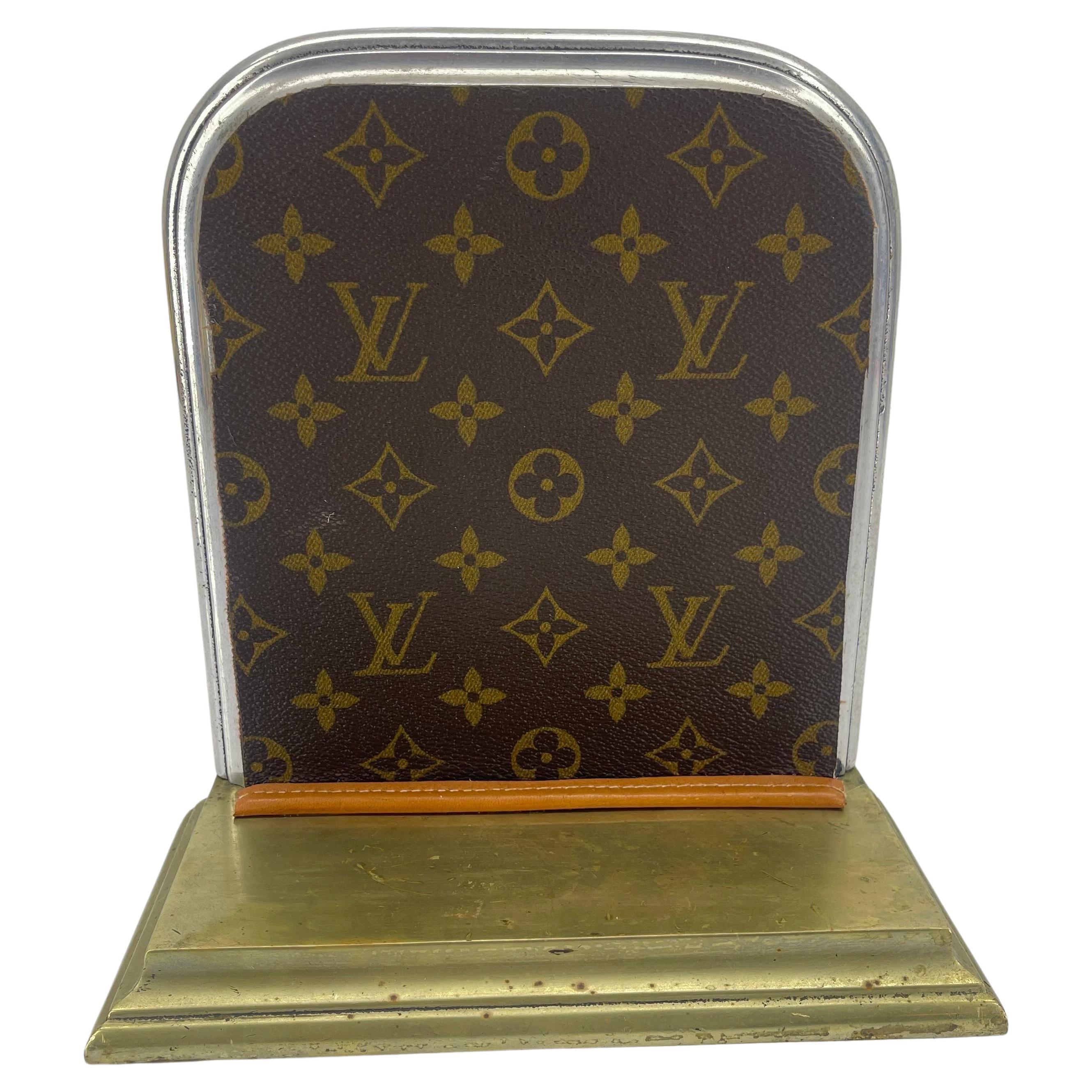 Pair of Mid-Century Brass Chrome Bookends with Louis Vuitton Monogram Fabric For Sale 3