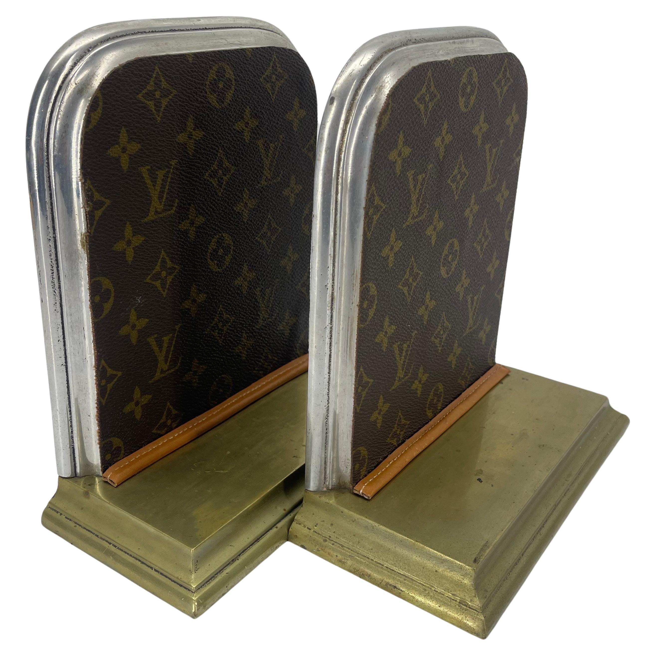 Pair of Mid-Century Brass Chrome Bookends with Louis Vuitton Monogram Fabric For Sale 4