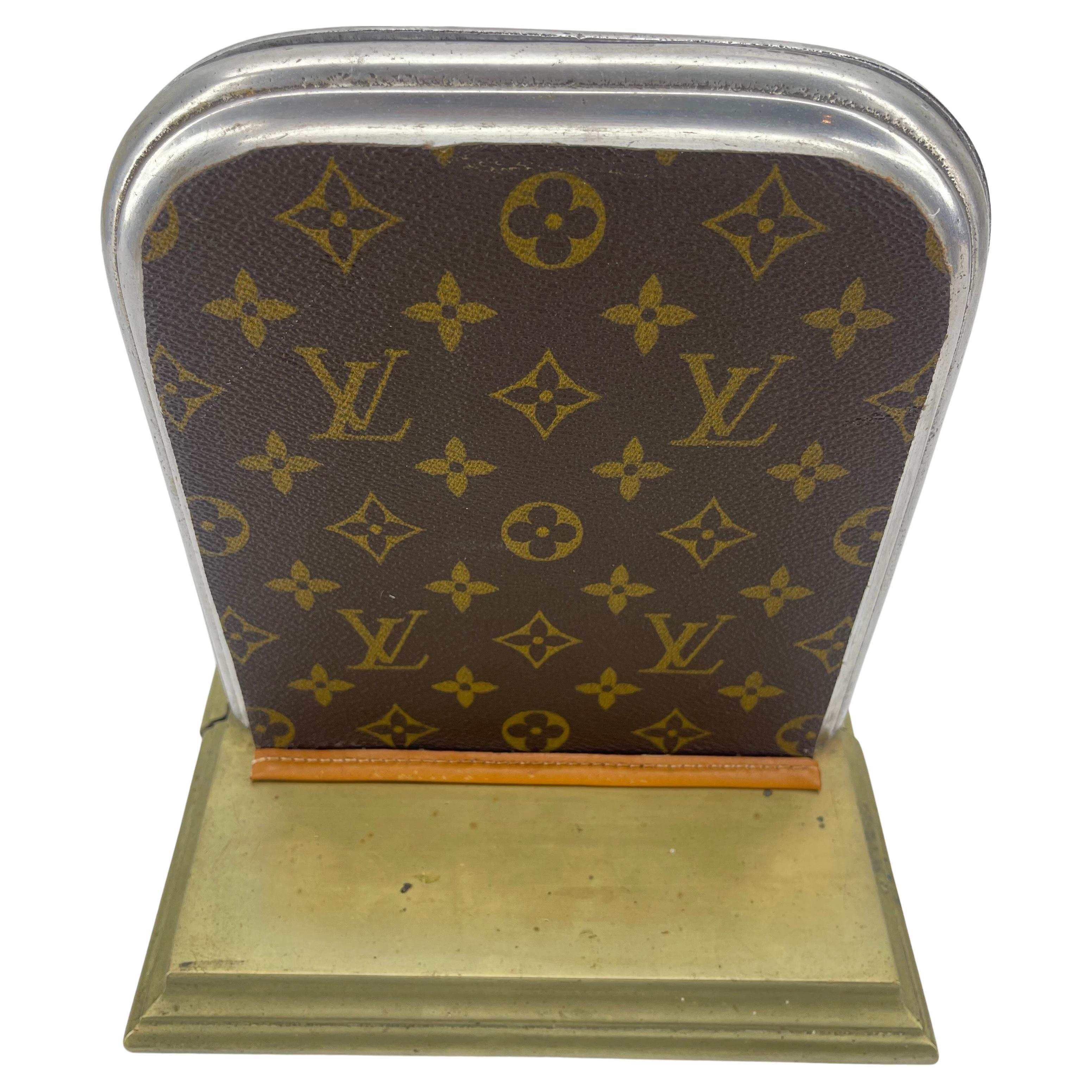 Pair of Mid-Century Brass Chrome Bookends with Louis Vuitton Monogram Fabric For Sale 5