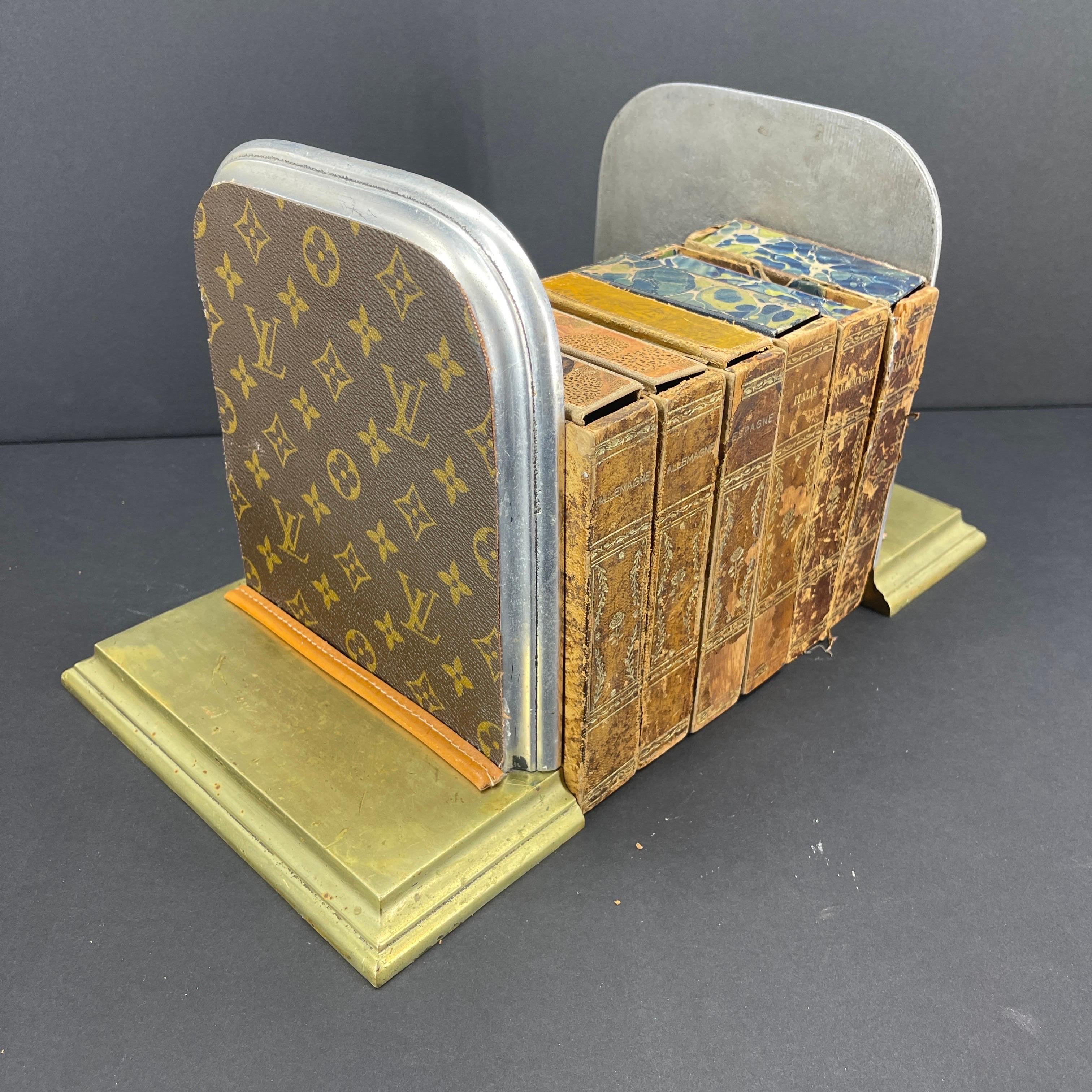 Pair of Mid-Century Brass Chrome Bookends with Louis Vuitton Monogram Fabric For Sale 9