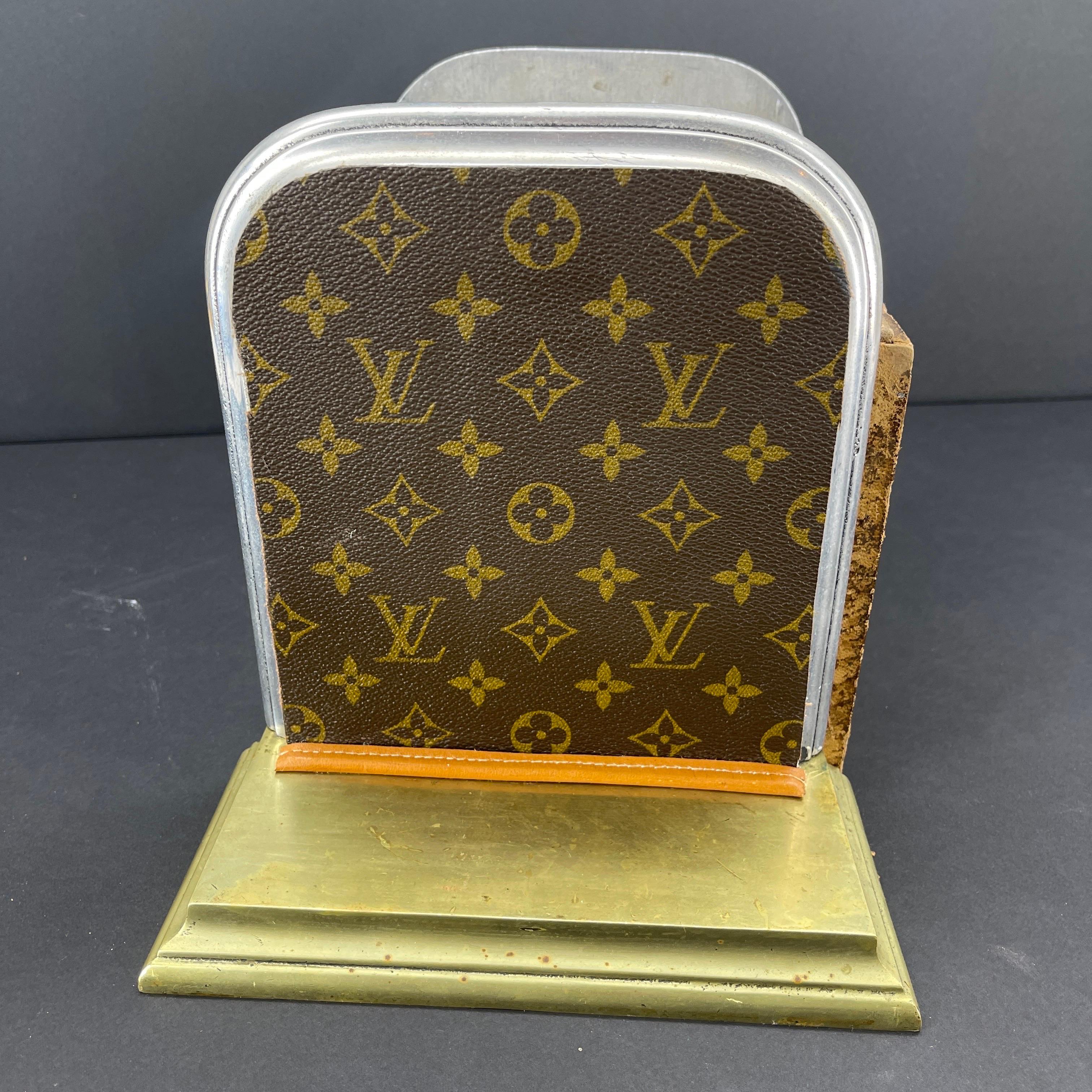 Pair of Mid-Century Brass Chrome Bookends with Louis Vuitton Monogram Fabric For Sale 11