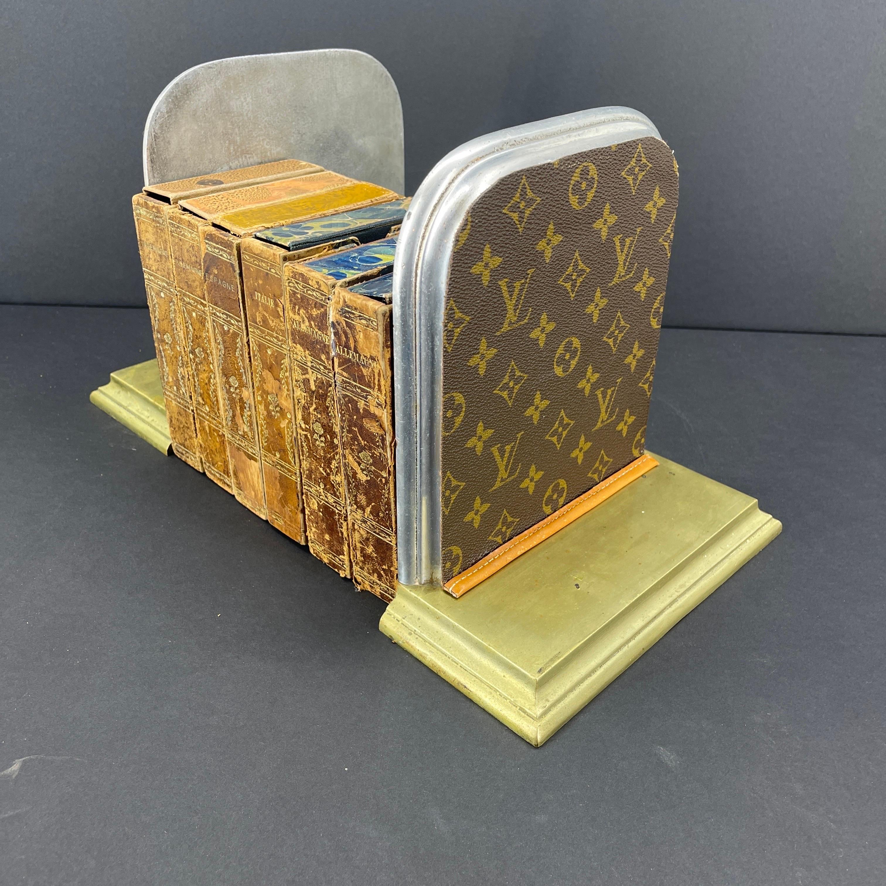 Pair of Mid-Century Brass Chrome Bookends with Louis Vuitton Monogram Fabric For Sale 12