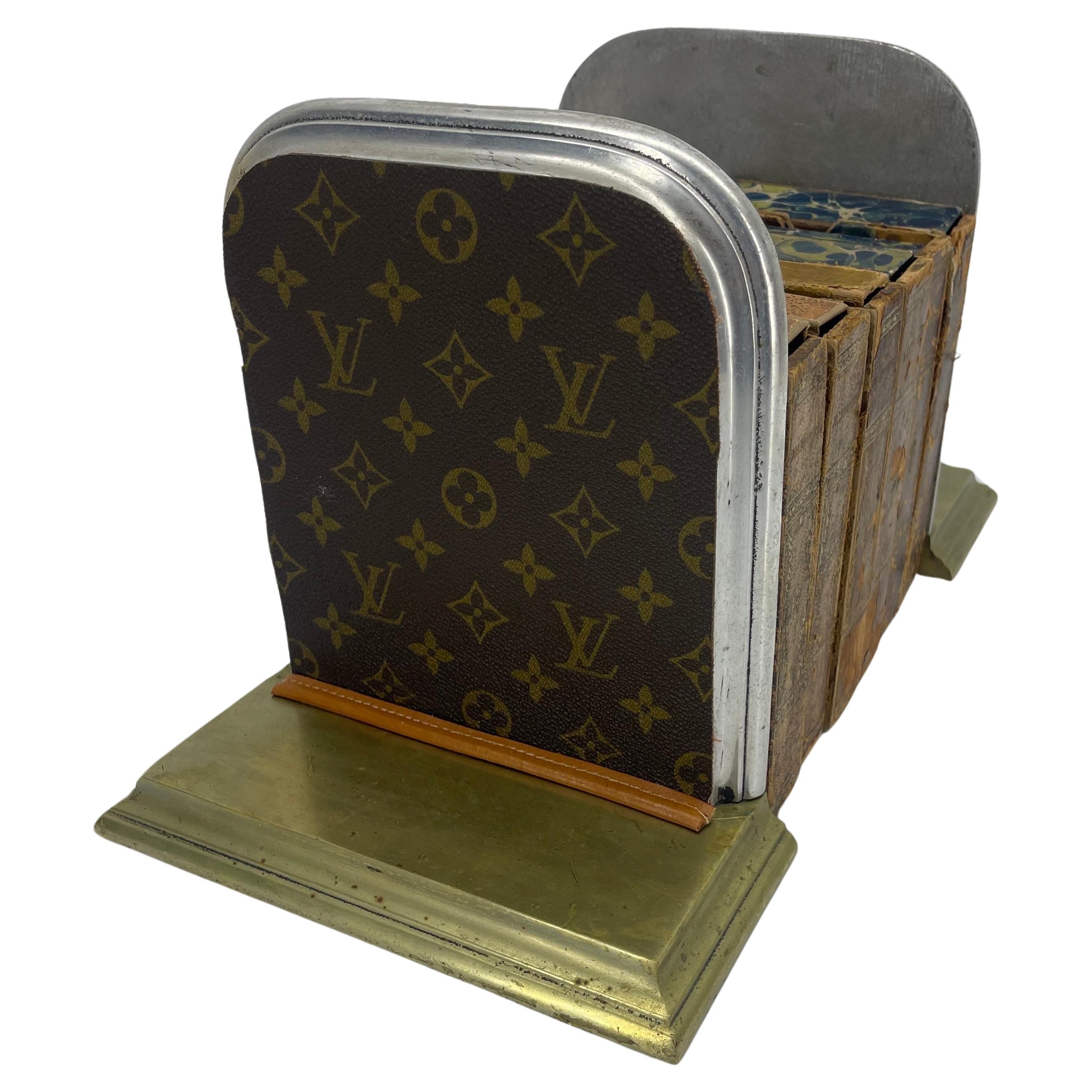 French Pair of Mid-Century Brass Chrome Bookends with Louis Vuitton Monogram Fabric For Sale