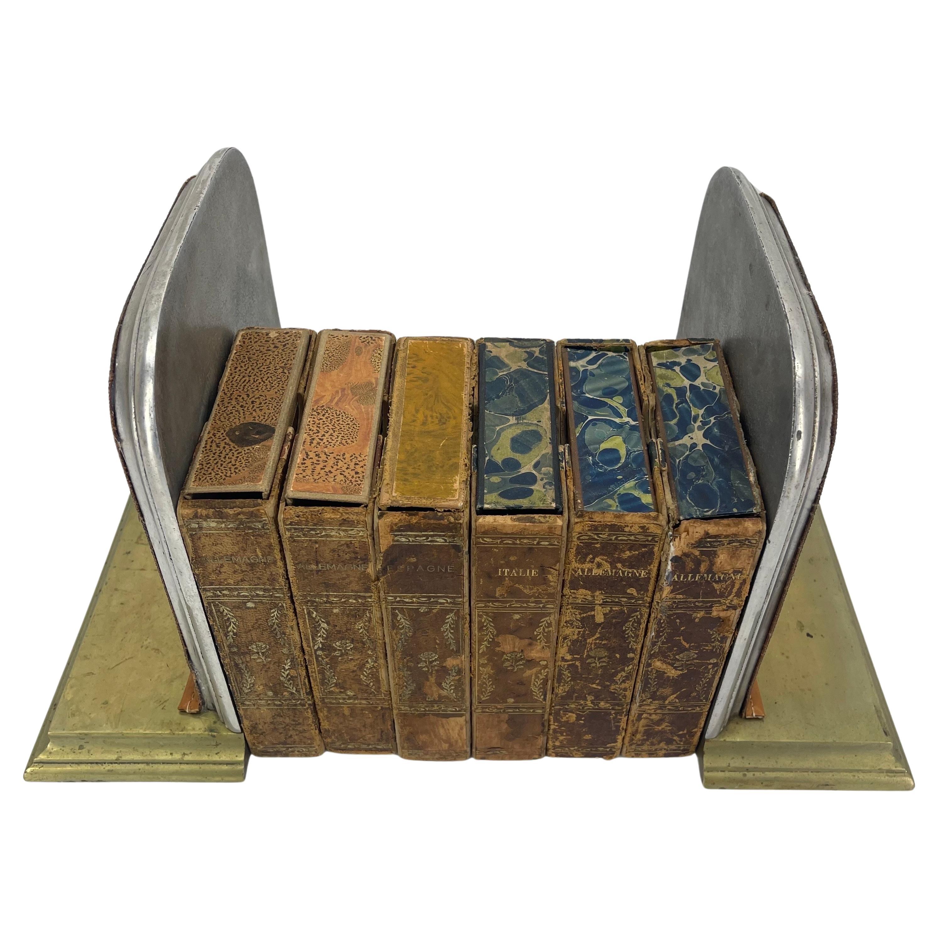 Hand-Crafted Pair of Mid-Century Brass Chrome Bookends with Louis Vuitton Monogram Fabric For Sale