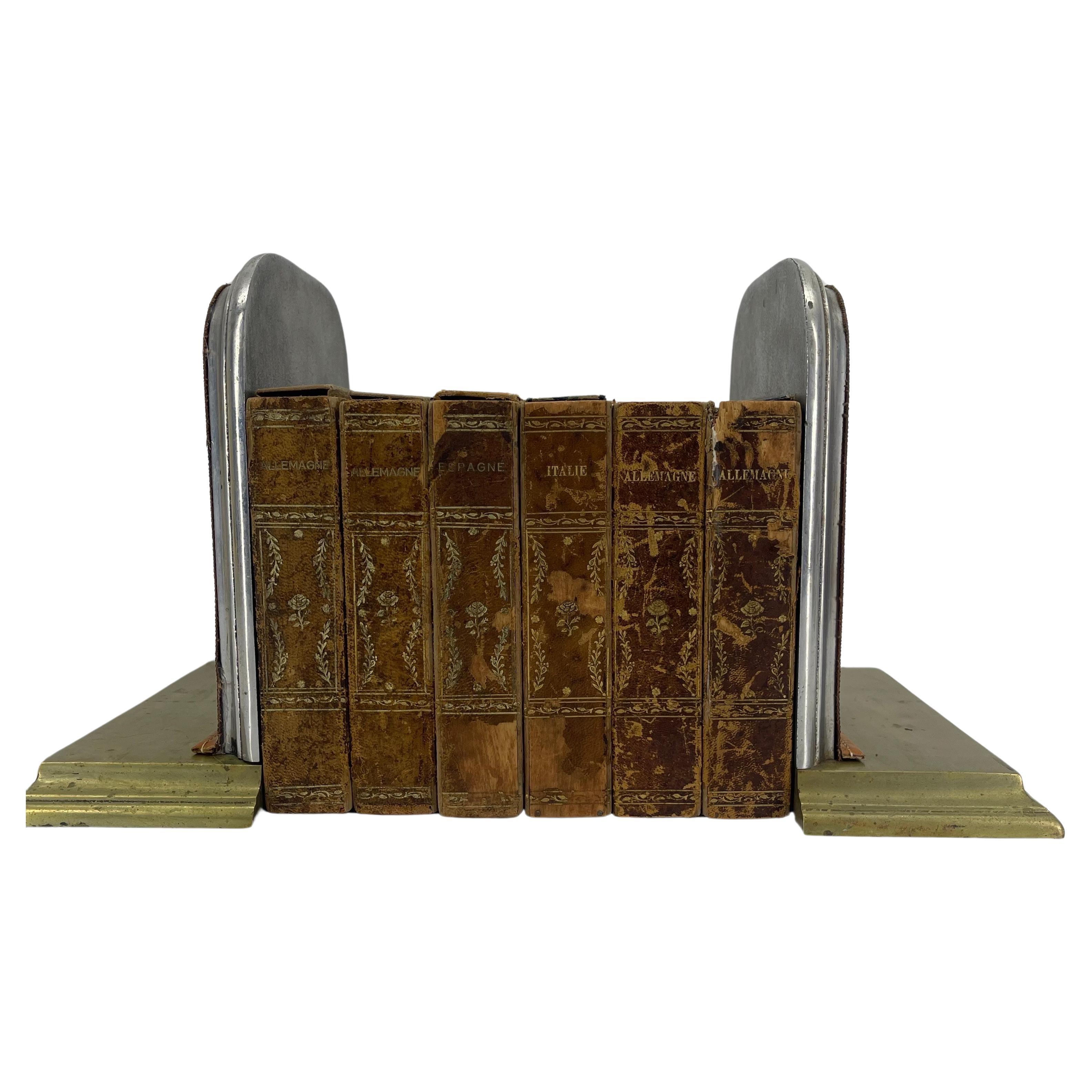 Pair of Mid-Century Brass Chrome Bookends with Louis Vuitton Monogram Fabric For Sale 1