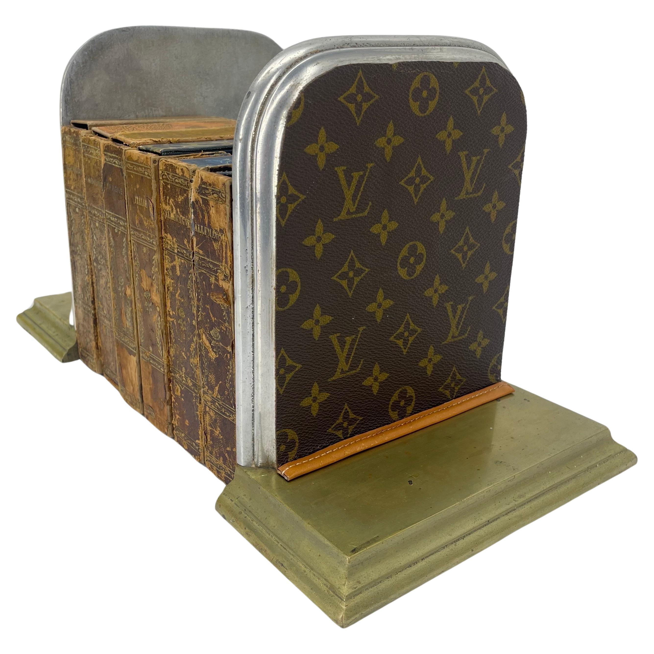 Pair of Mid-Century Brass Chrome Bookends with Louis Vuitton Monogram Fabric For Sale 2
