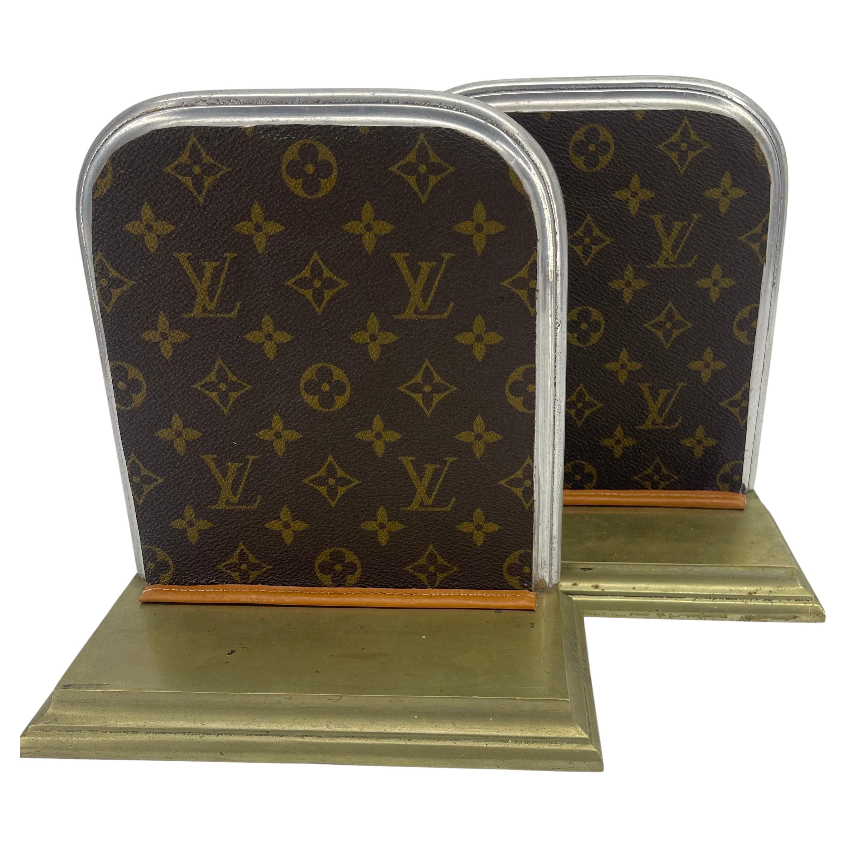 Pair of Mid-Century Brass Chrome Bookends with Louis Vuitton Monogram Fabric For Sale