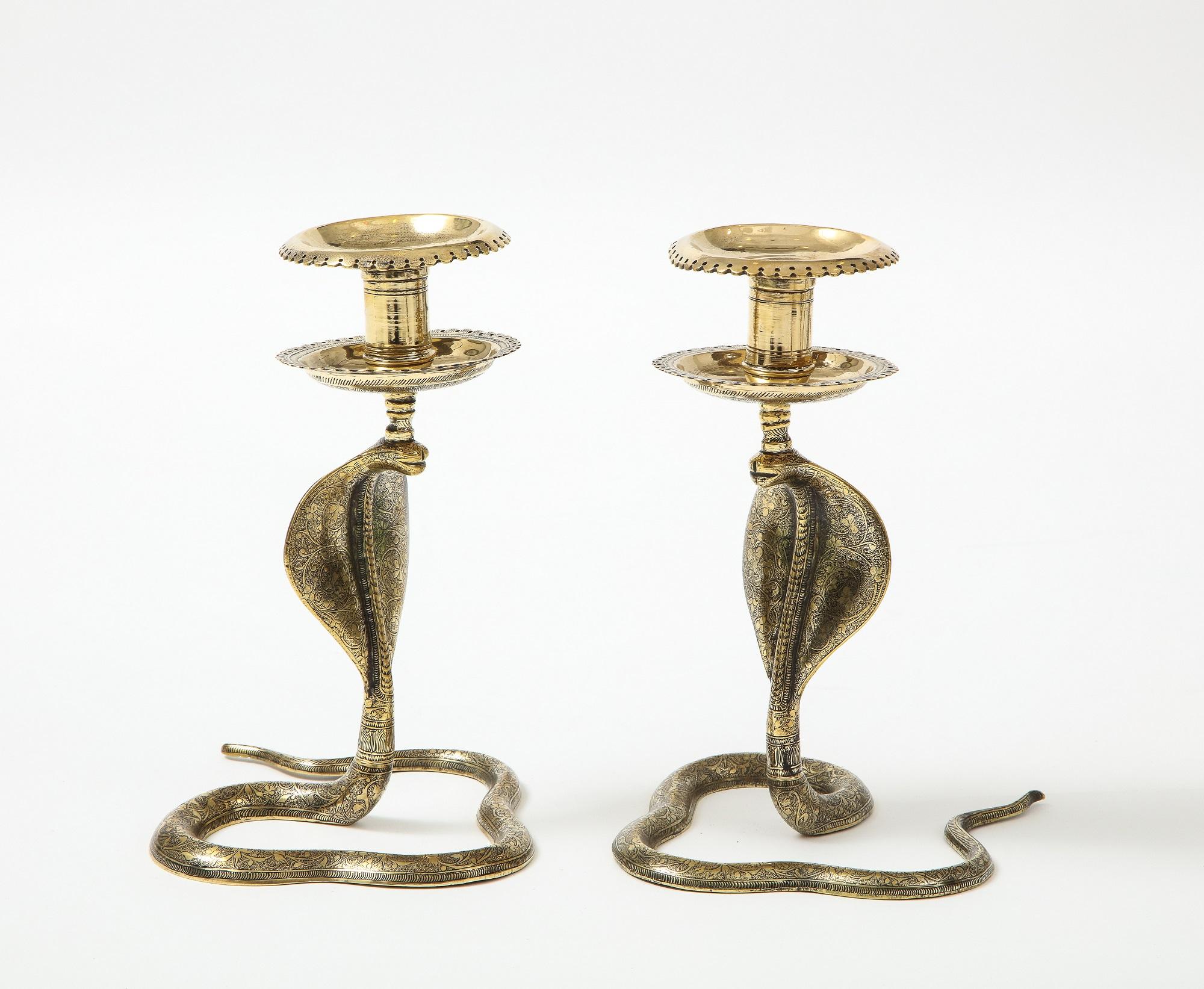 Pair of Mid Century Brass Cobra Candlesticks In Good Condition In South Salem, NY