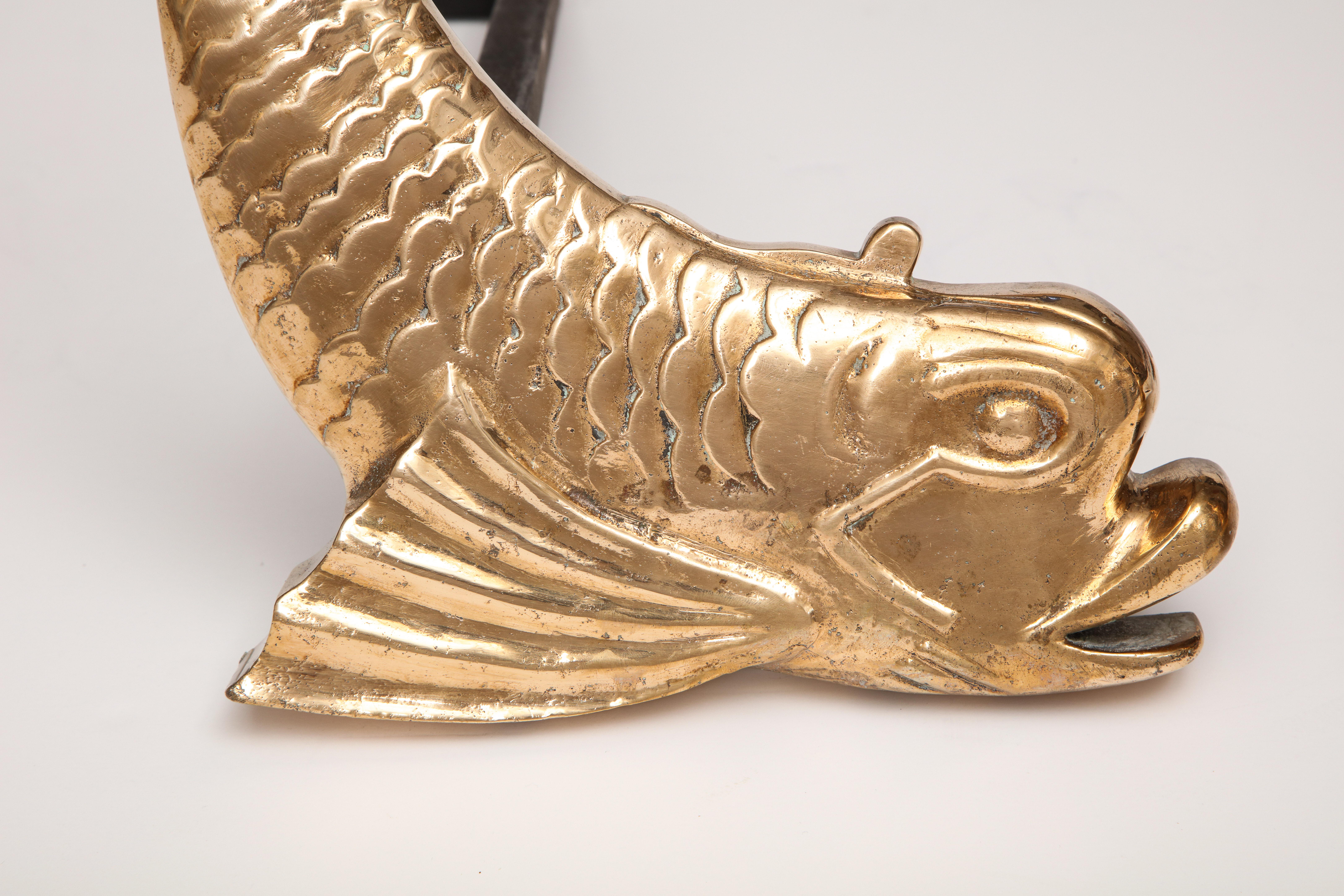 Mid-Century Modern Pair of Midcentury Brass Dolphin Form Andirons